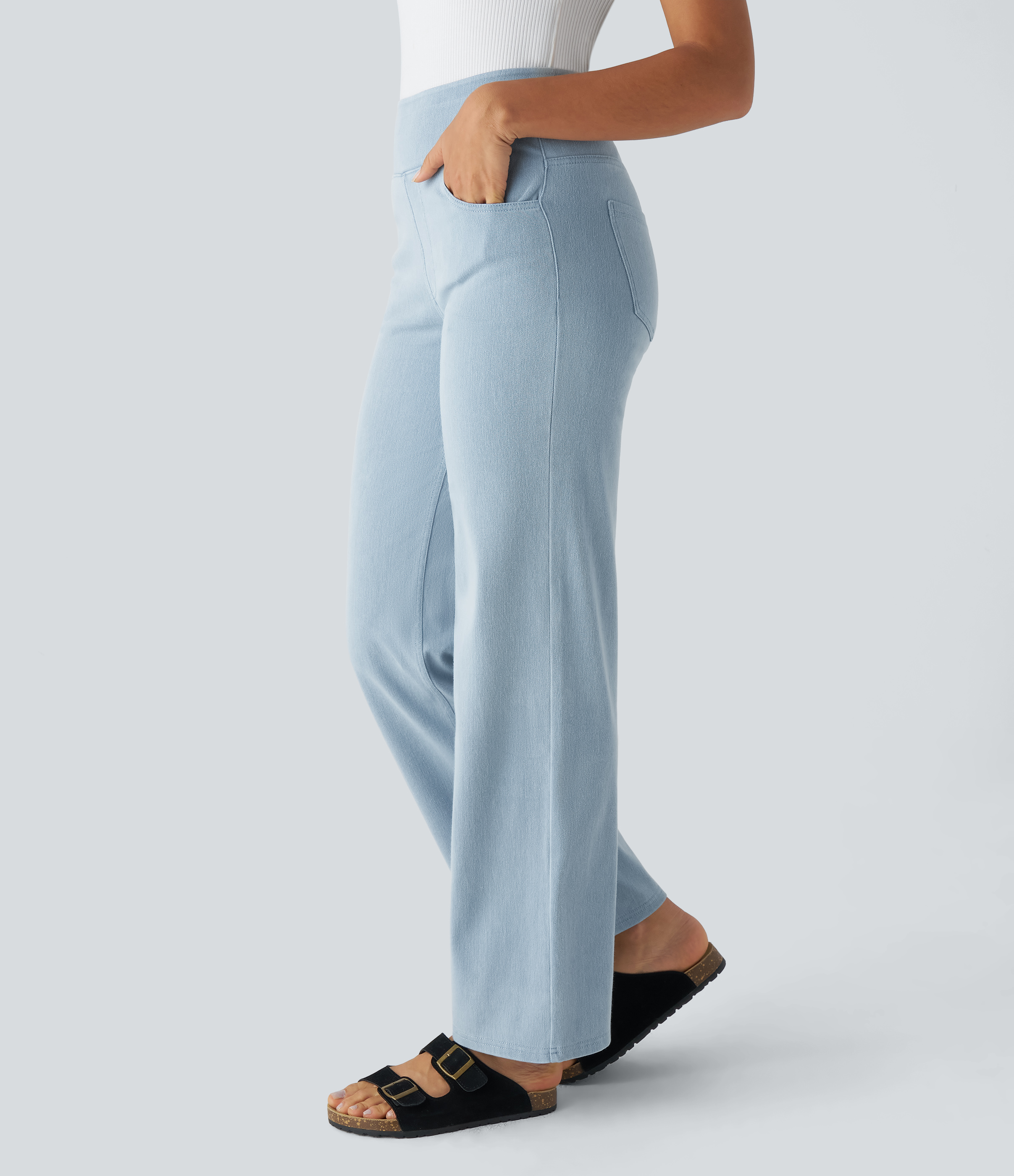 Halara HalaraMagicв„ў High Waisted Multiple Pockets Straight Leg Stretchy Knit Work Jeans  - Denim Cyan Blue - XS(regular) sweatpants 