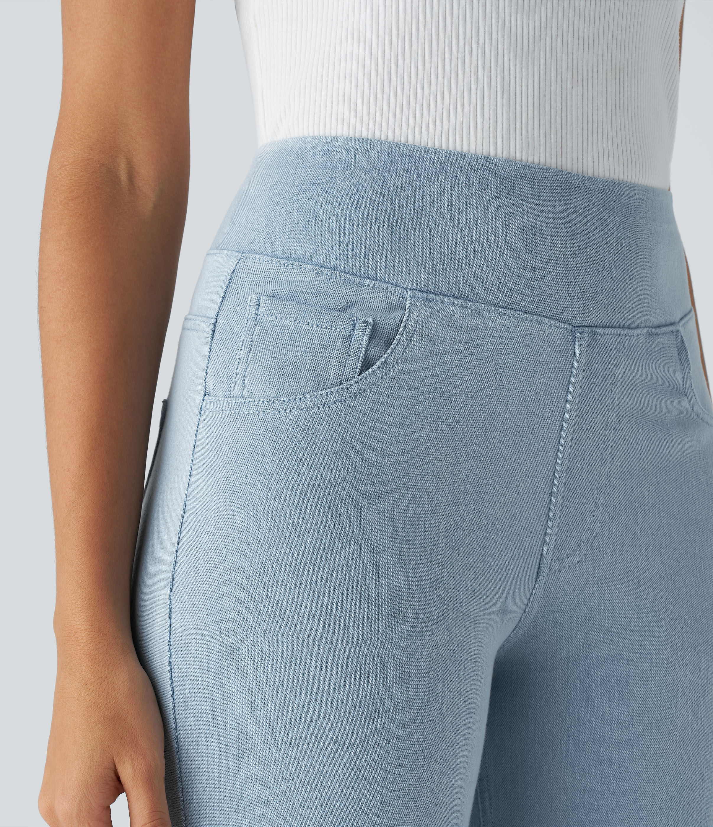 Halara HalaraMagicв„ў High Waisted Multiple Pockets Straight Leg Stretchy Knit Work Jeans  - Denim Cyan Blue - XS(regular) sweatpants 