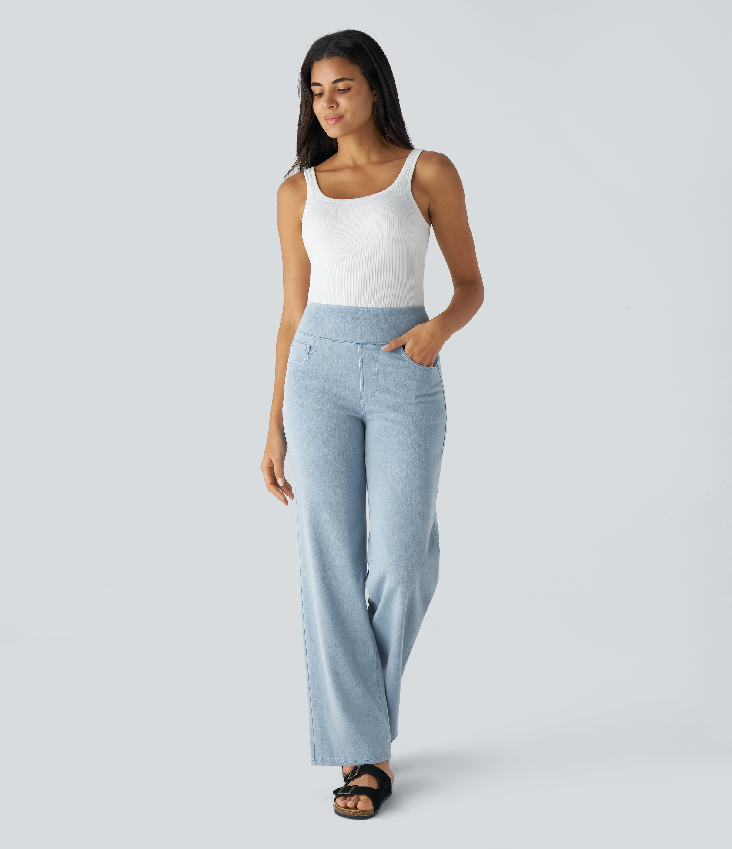 Halara HalaraMagicв„ў High Waisted Multiple Pockets Straight Leg Stretchy Knit Work Jeans  - Denim Cyan Blue - XS(regular) sweatpants 