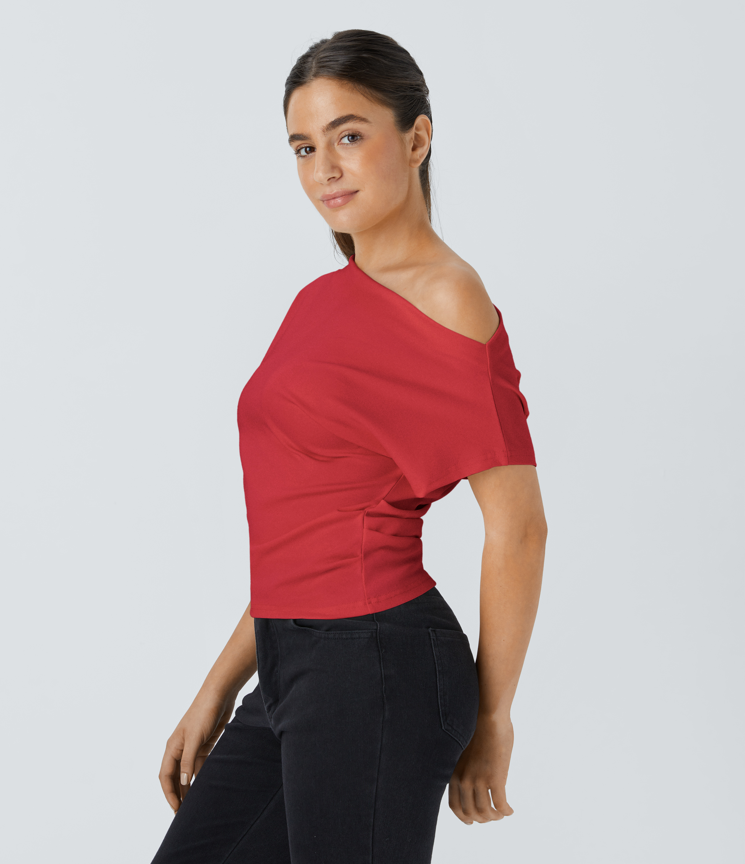 Halara Off Shoulder Short Sleeve Ruched Casual Cotton Top Tank Top - Rubicondo - XS golf tops halter top tunic tops sleeveless tops 