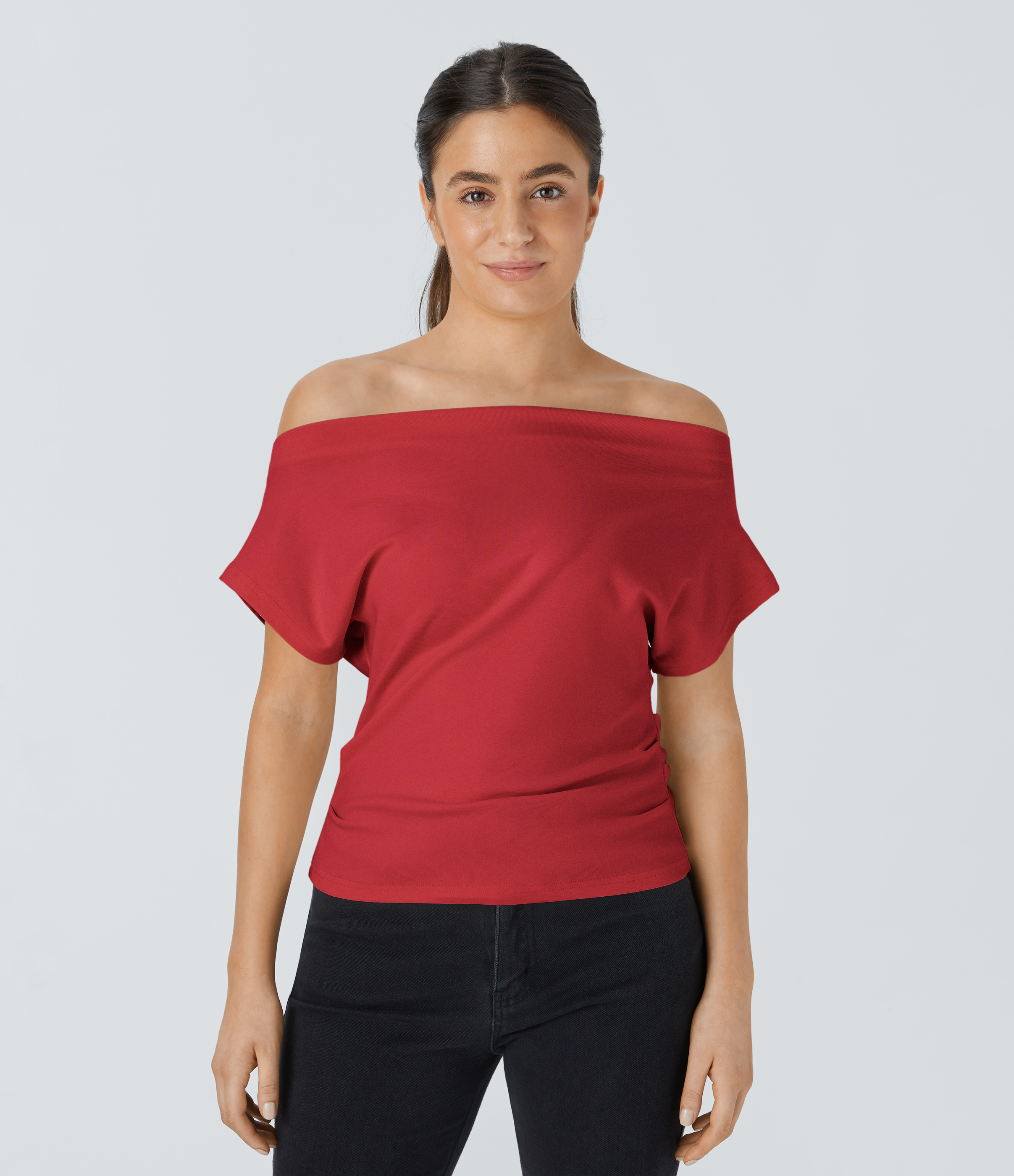 Halara Off Shoulder Short Sleeve Ruched Casual Cotton Top Tank Top - Rubicondo - XS golf tops halter top tunic tops sleeveless tops 