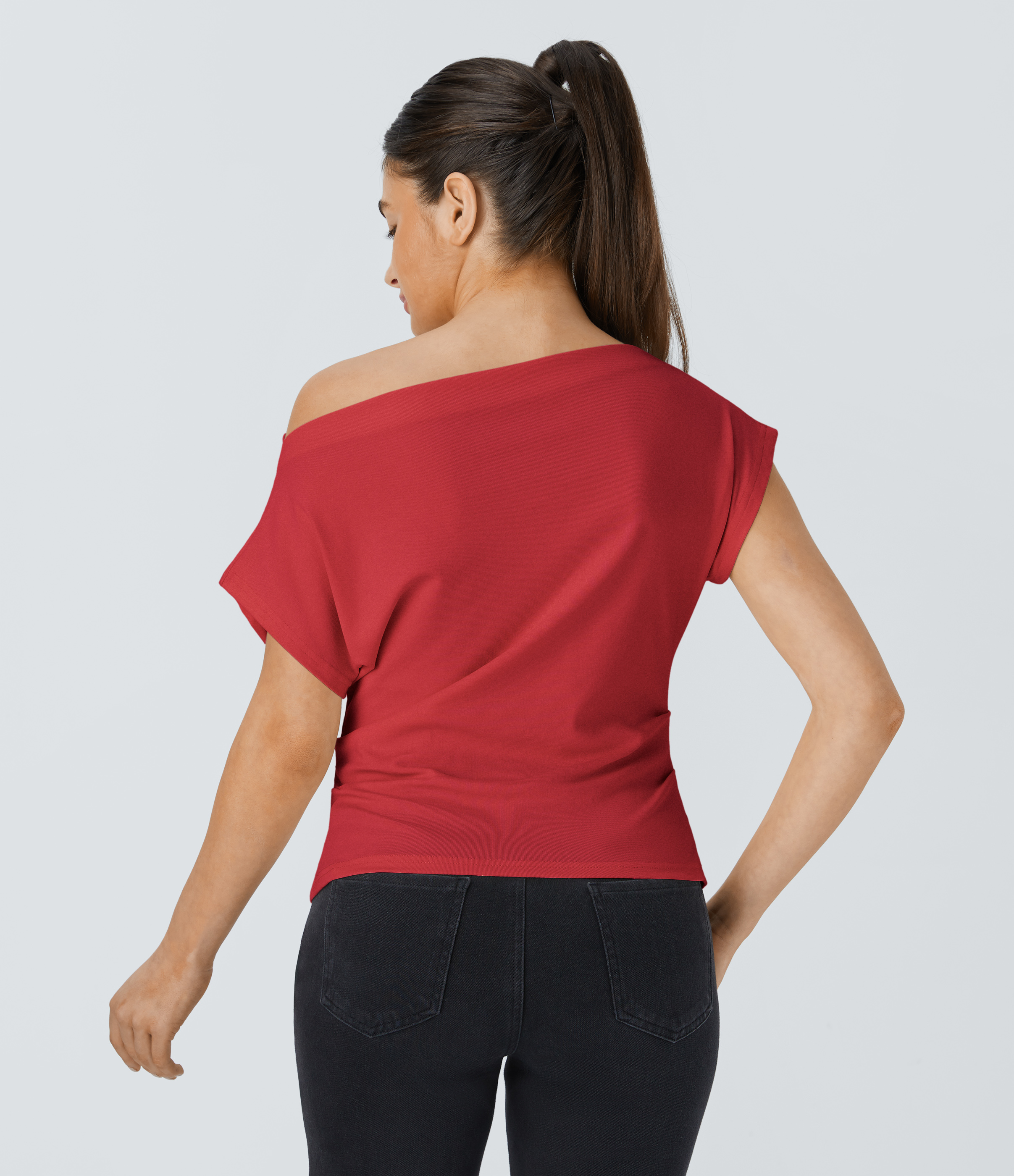 Halara Off Shoulder Short Sleeve Ruched Casual Cotton Top Tank Top - Rubicondo - XS golf tops halter top tunic tops sleeveless tops 