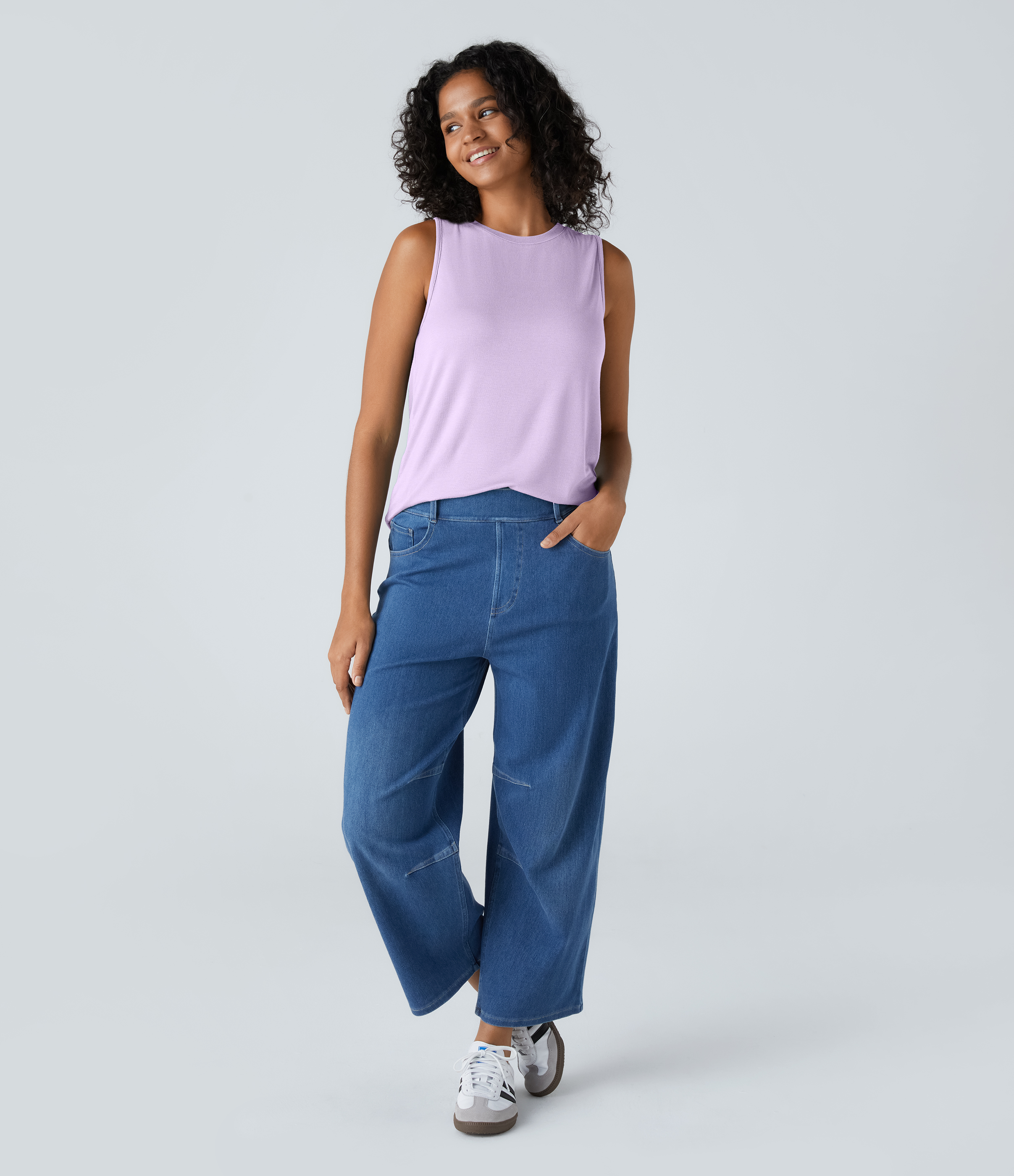 Halara Ribbed Round Neck Basic Casual Tank Top Tank Top - Misty Purple - XL golf tops halter top tunic tops sleeveless tops backless top 