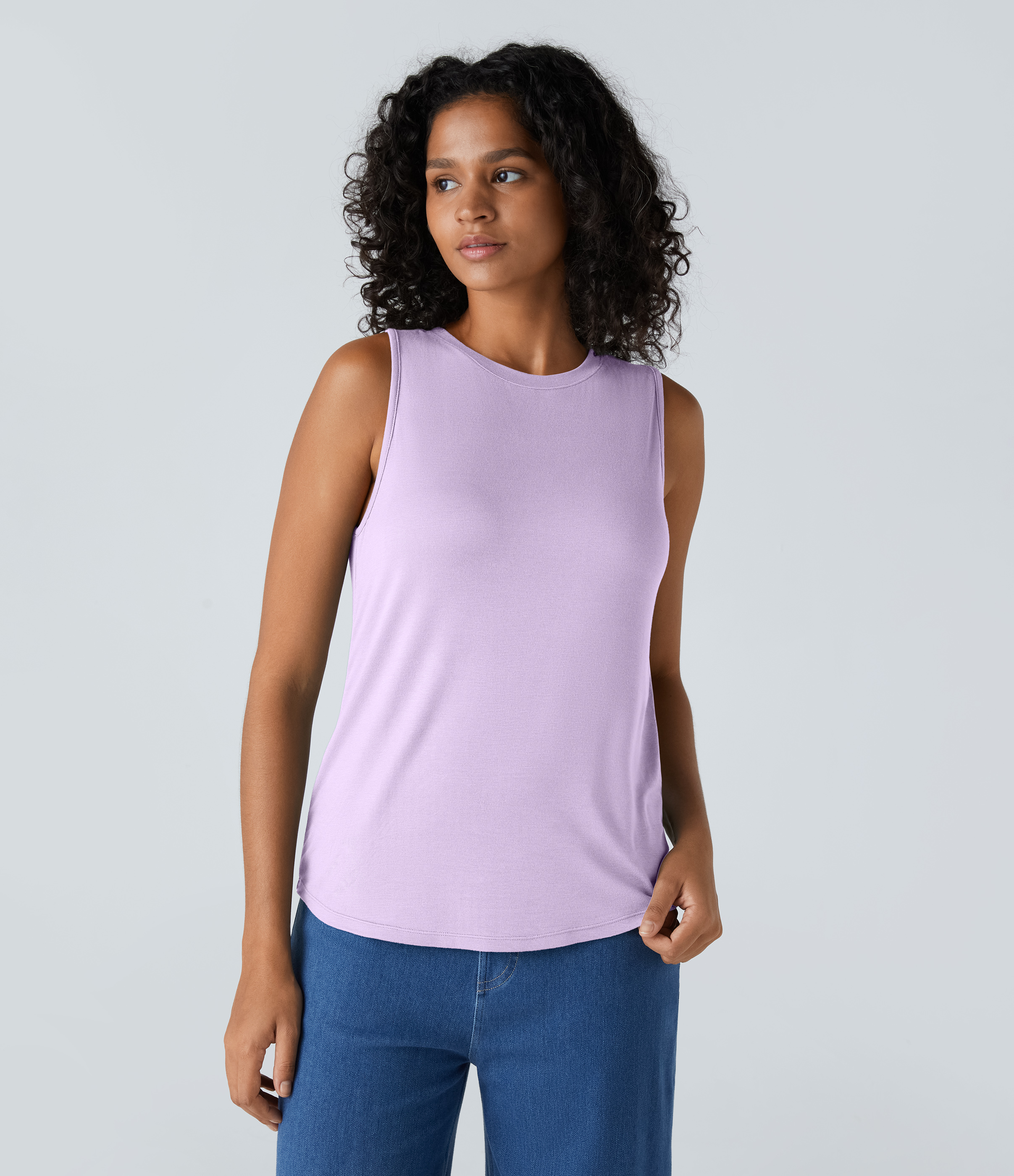 Halara Ribbed Round Neck Basic Casual Tank Top Tank Top - Misty Purple - XL golf tops halter top tunic tops sleeveless tops backless top 