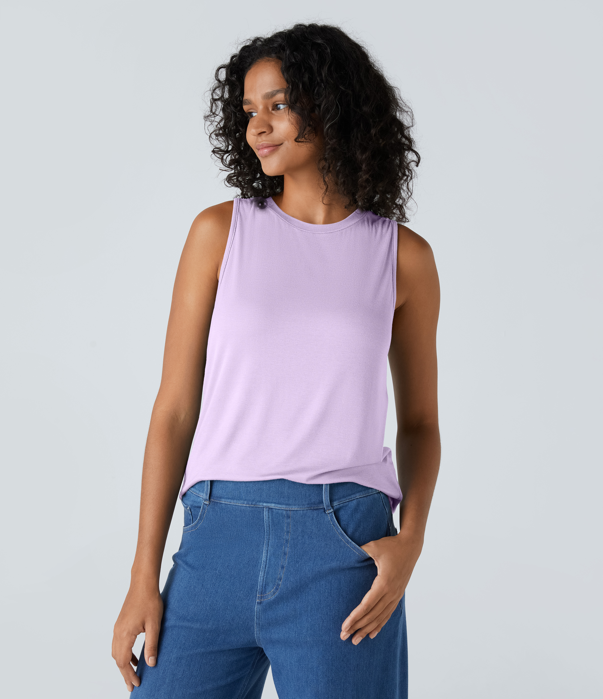 Halara Ribbed Round Neck Basic Casual Tank Top Tank Top - Misty Purple - XL golf tops halter top tunic tops sleeveless tops backless top 