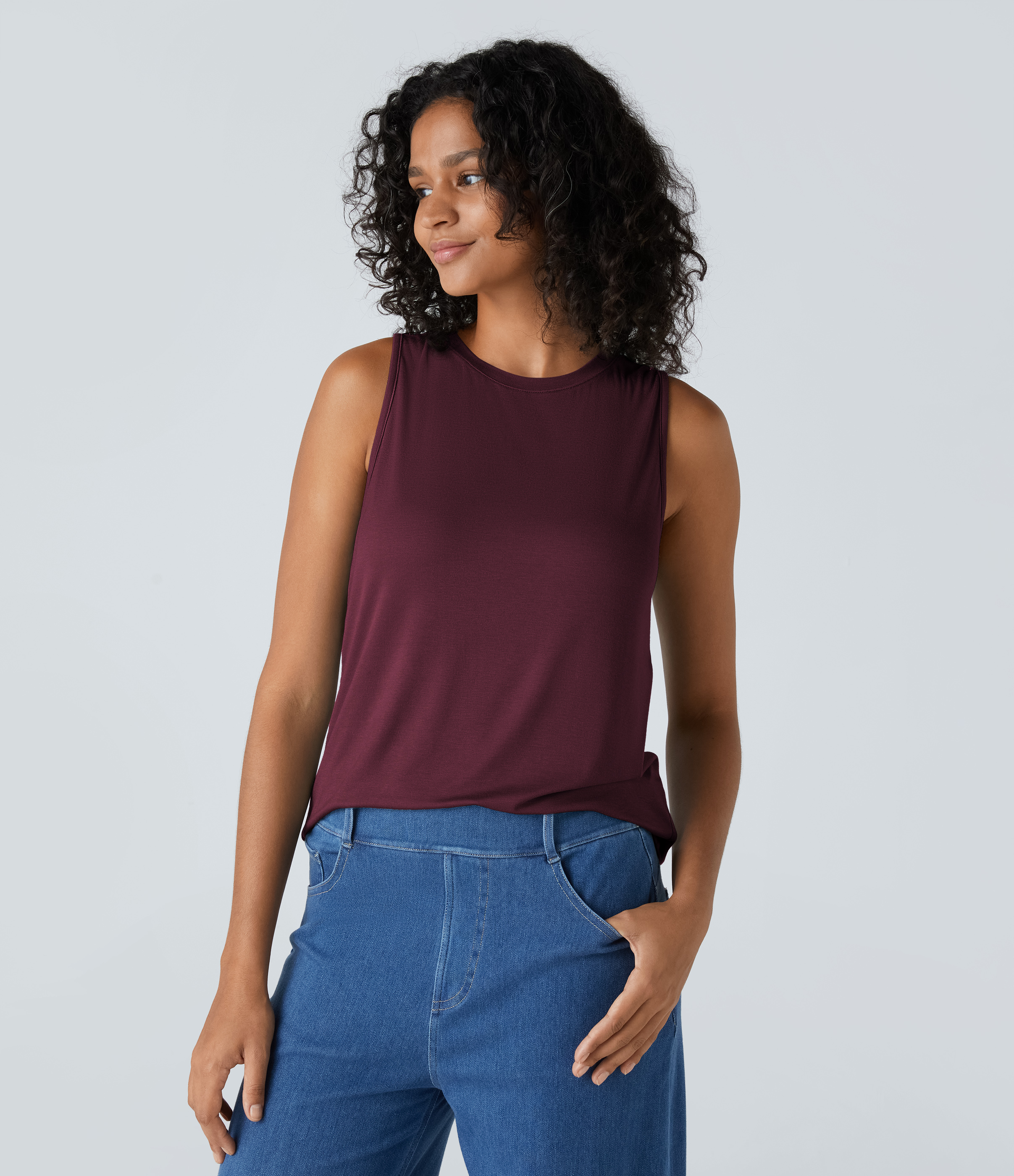 Halara Ribbed Round Neck Basic Casual Tank Top Tank Top - Maroon Banner - L golf tops halter top tunic tops sleeveless tops backless top 