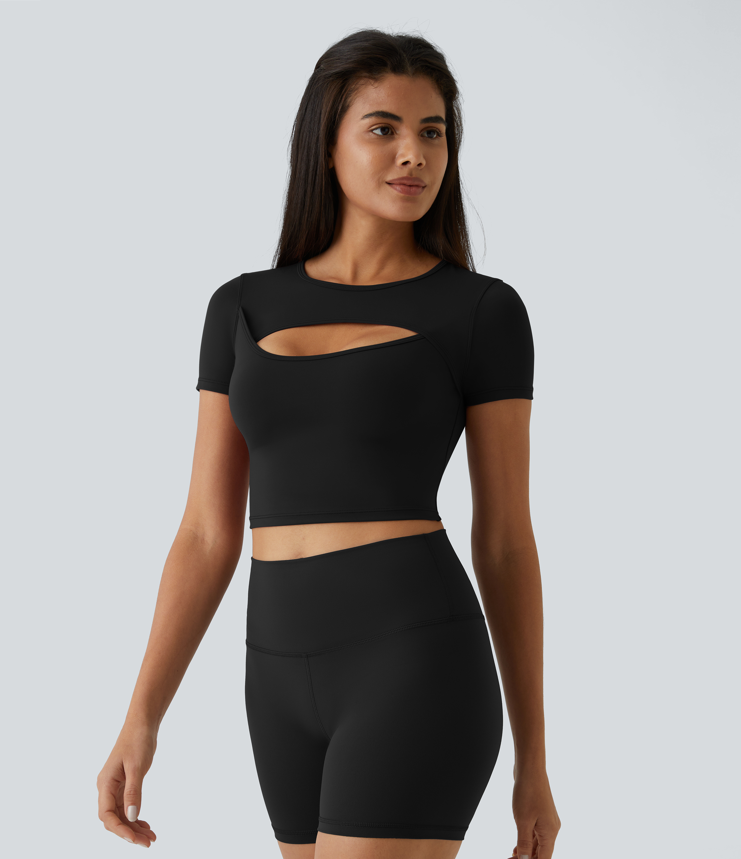 Halara Cloudfulв„ў Fabric Round Neck Cut Out Short Sleeve Cropped Barre Ballet Dance Sports Top  - Black - XS 
