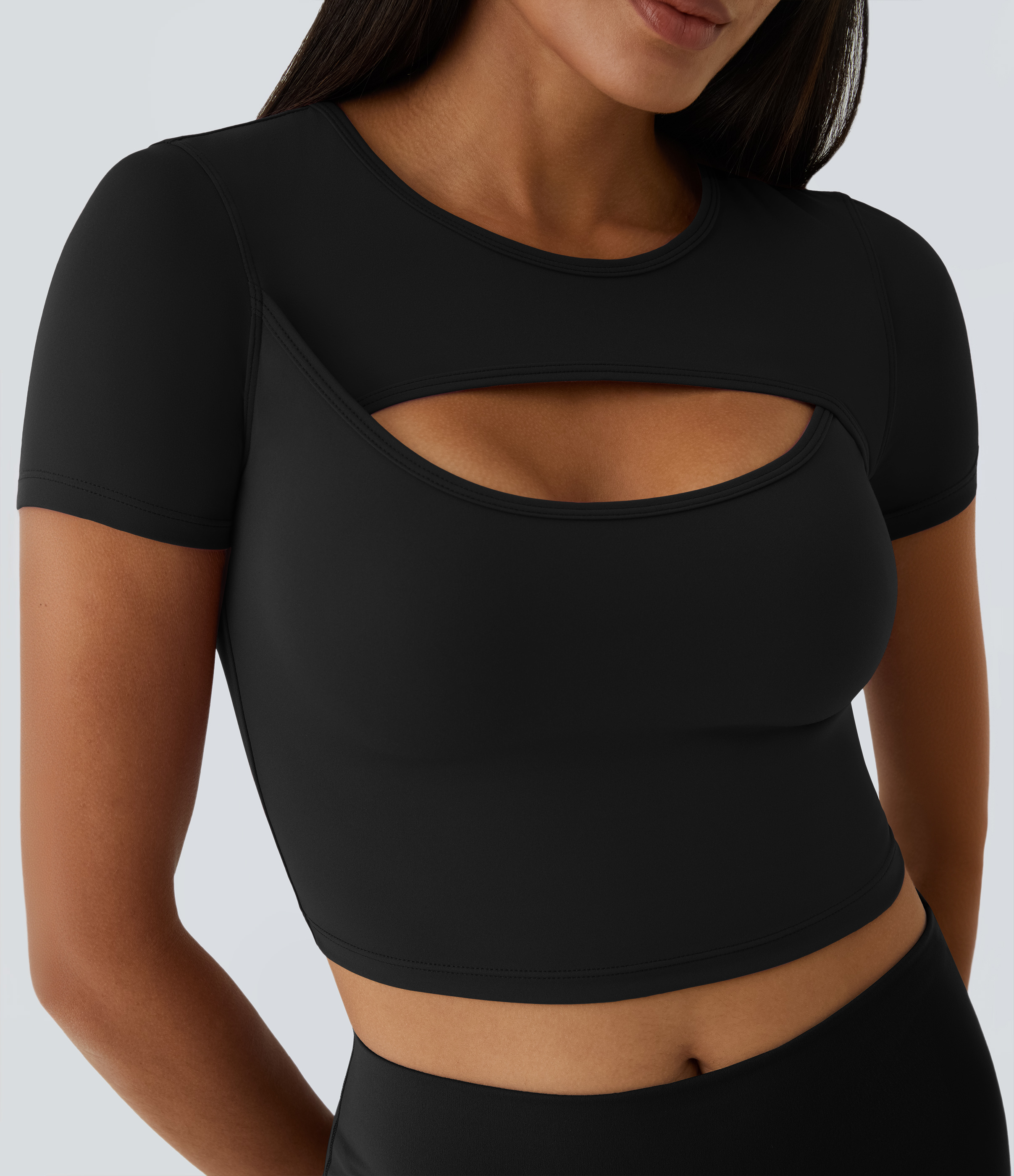 Halara Cloudfulв„ў Fabric Round Neck Cut Out Short Sleeve Cropped Barre Ballet Dance Sports Top  - Black - XS 