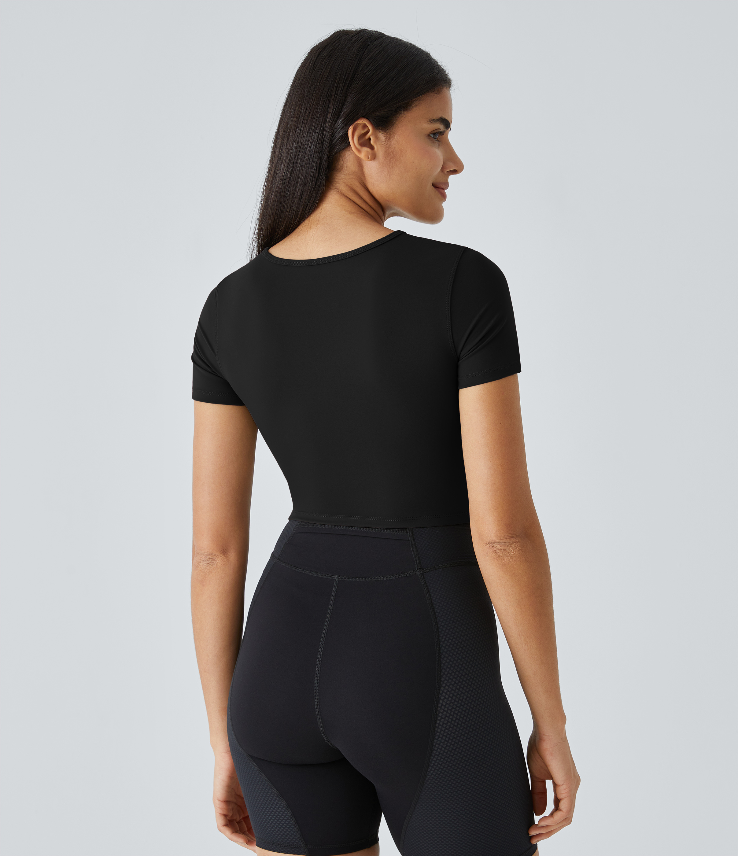 Halara Cloudfulв„ў Fabric Round Neck Cut Out Short Sleeve Cropped Barre Ballet Dance Sports Top  - Black - XS 