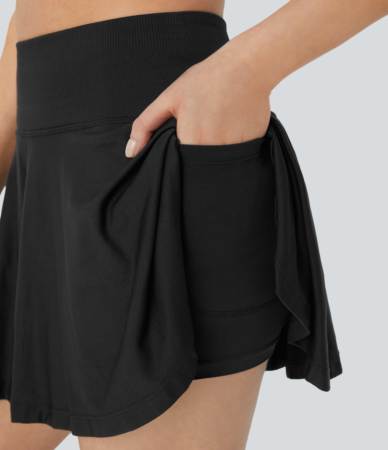 Halara Seamless Flow High Waisted 2-in-1 Side Pocket Flare Mini Yoga Skirt  - Black - S(regular) midi skirt a line skirt golfing skirt 