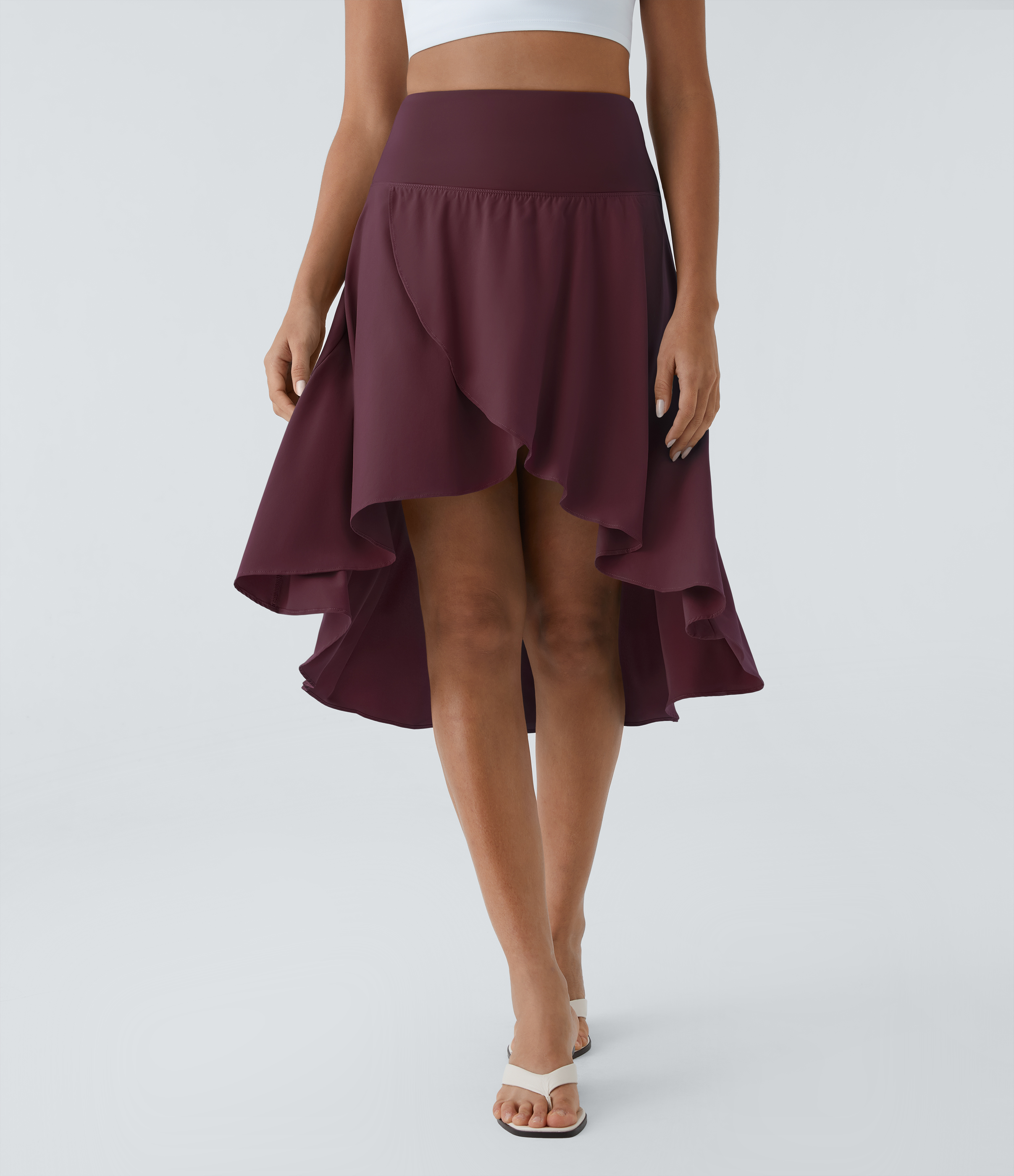 Halara Breezefulв„ў High Waisted Asymmetric Ruffle High Low Flowy 2-in-1 Quick Dry Dance Skirt  - Deep Crimson - XL midi skirt a line skirt 