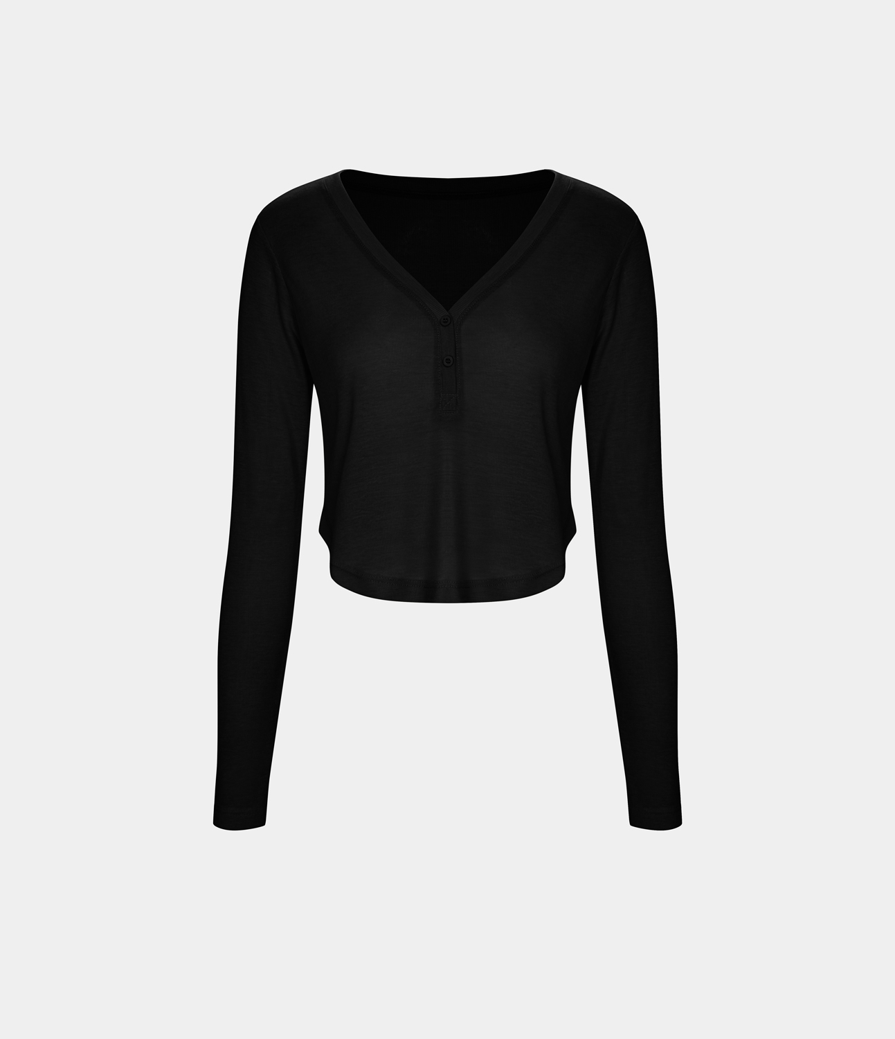 Halara V Neck Button Long Sleeve Curved Hem Cropped Casual Sports Top  - Black - XL 