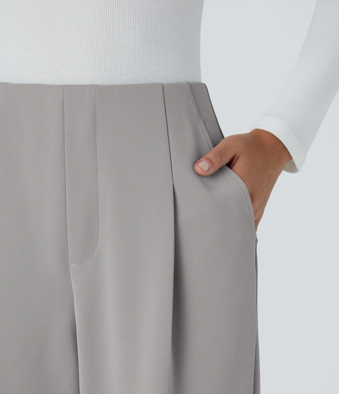 Halara High Waisted Plicated Side Pocket Barrel Leg Crepe Casual Pants  - Paloma - S(regular) sweatpants jogger pants stacked sweatpants 