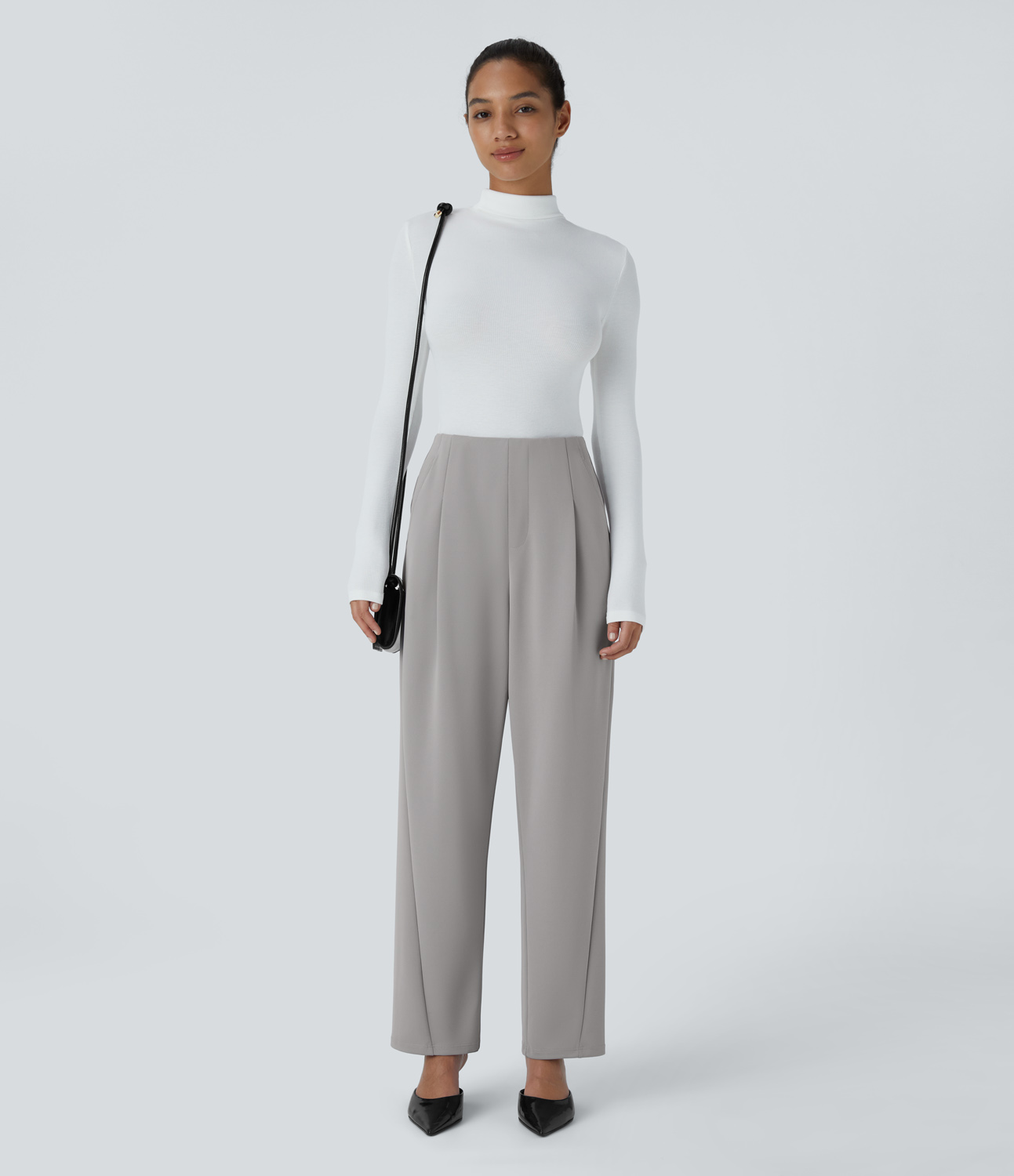Halara High Waisted Plicated Side Pocket Barrel Leg Crepe Casual Pants  - Paloma - S(regular) sweatpants jogger pants stacked sweatpants 