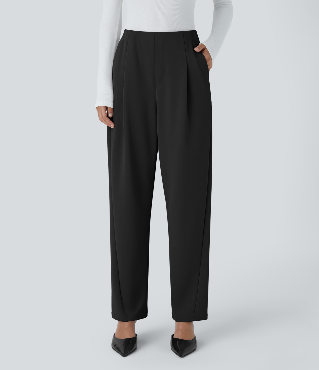Halara High Waisted Plicated Side Pocket Barrel Leg Crepe Casual Pants  - Black - XS(regular) sweatpants jogger pants stacked sweatpants 