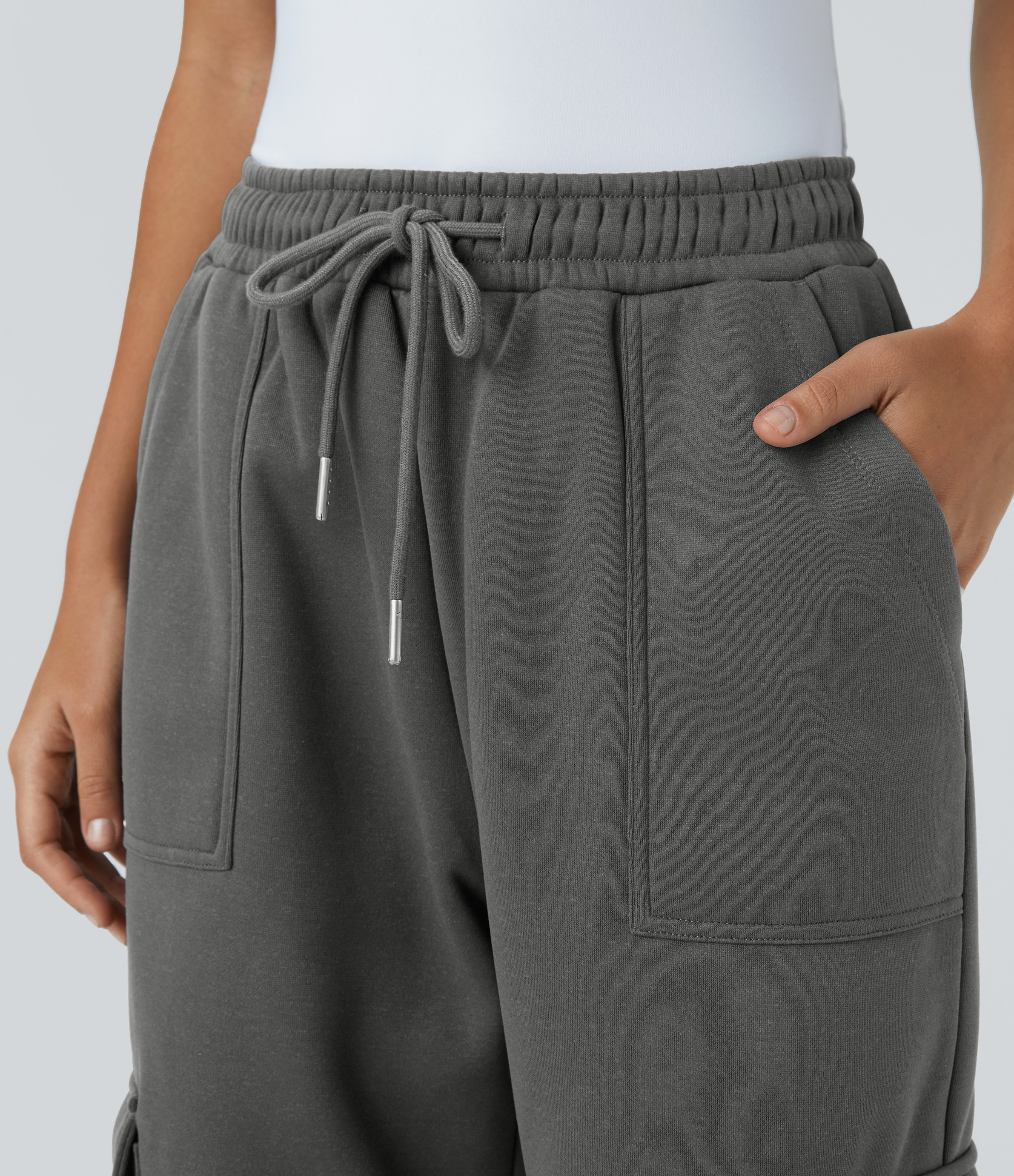 Halara High Waisted Drawstring Multiple Pockets Straight Leg Fleece Casual Cargo Pants  - Gunmetal - XS(regular) sweatpants jogger pants 
