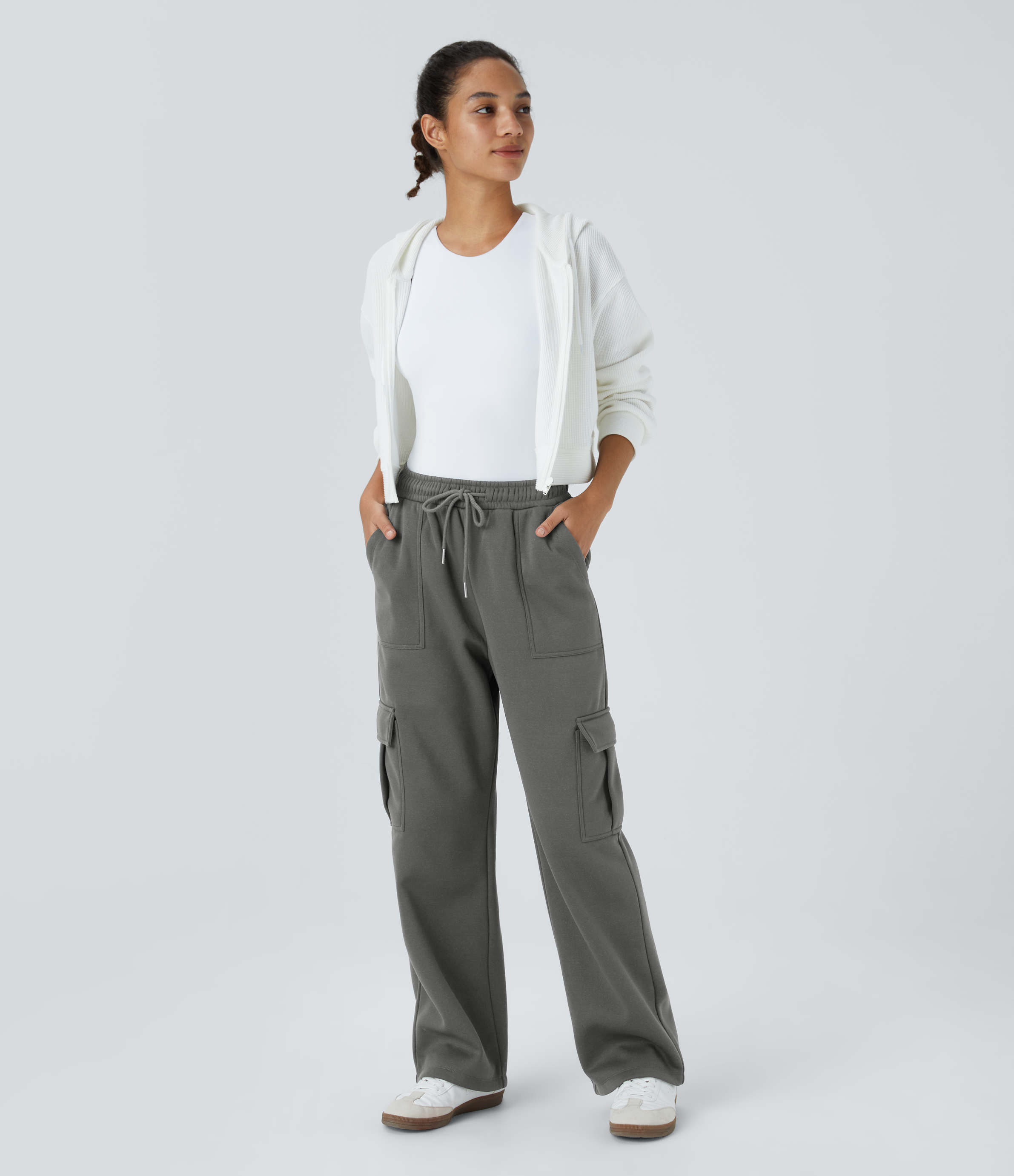 Halara High Waisted Drawstring Multiple Pockets Straight Leg Fleece Casual Cargo Pants  - Gunmetal - XS(regular) sweatpants jogger pants 