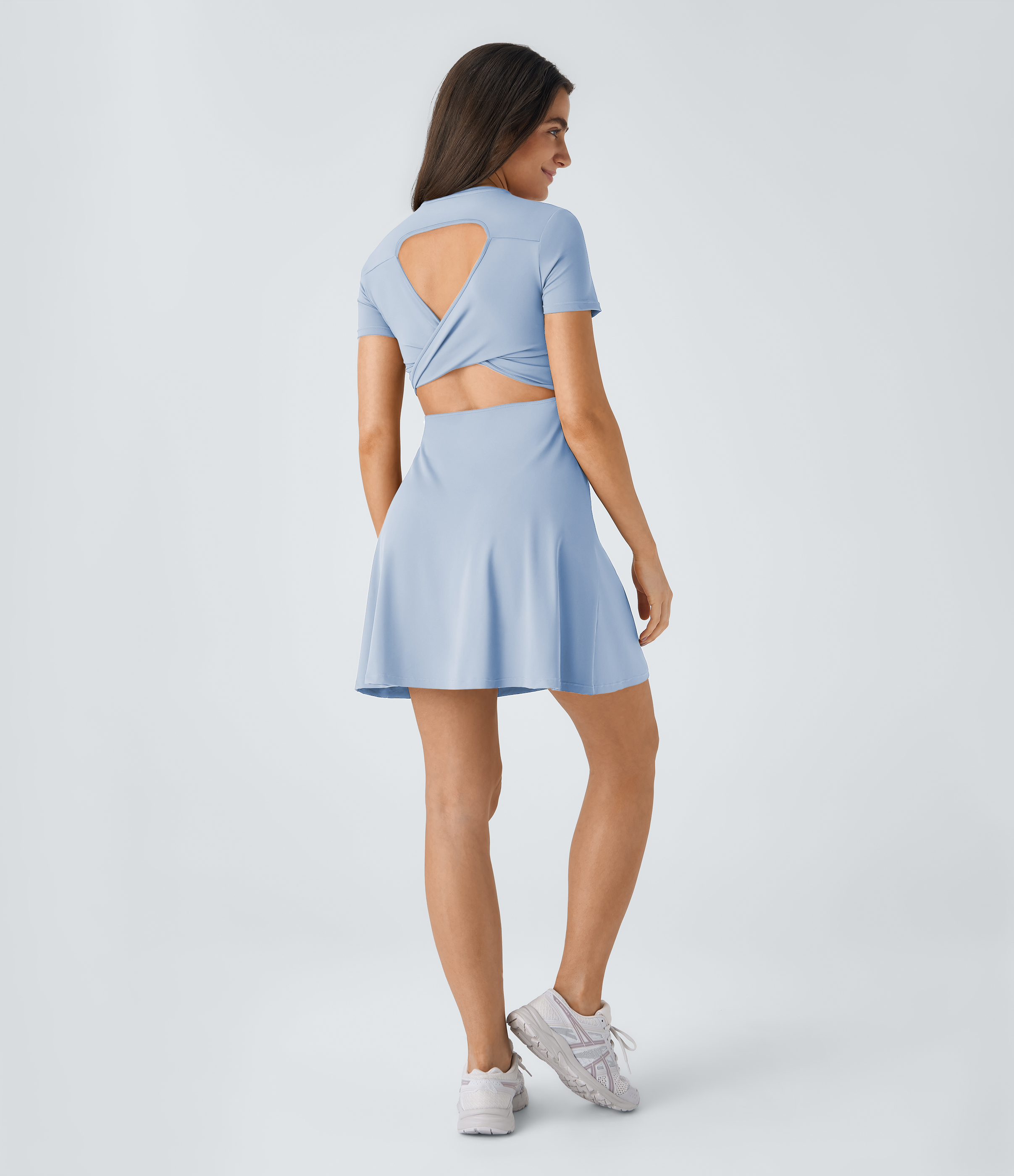 Halara Backless Twisted Cut Out Flare Mini Dance Active Dress Workout Dress - Light Grey Blue - S 