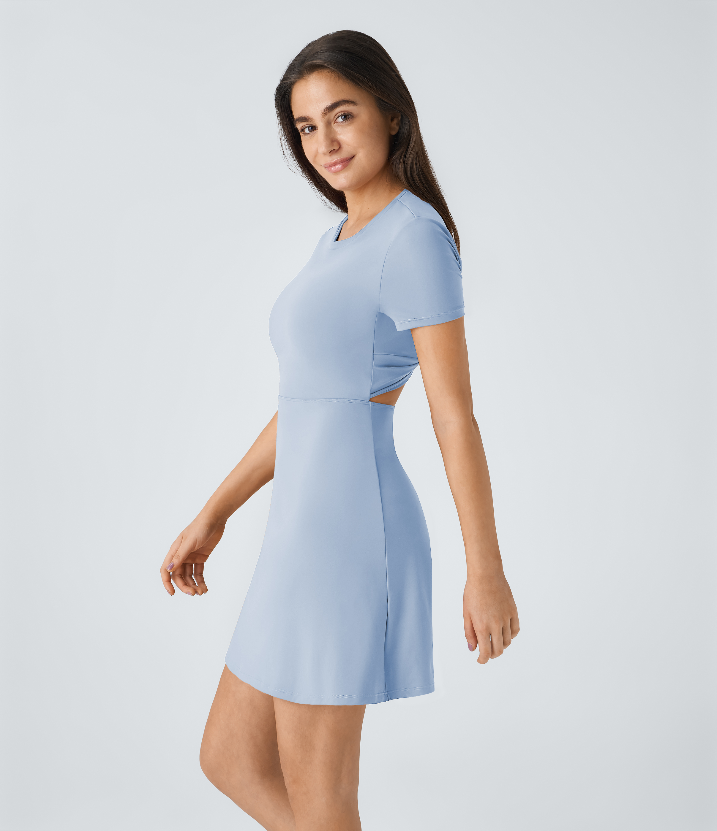 Halara Backless Twisted Cut Out Flare Mini Dance Active Dress Workout Dress - Light Grey Blue - S 