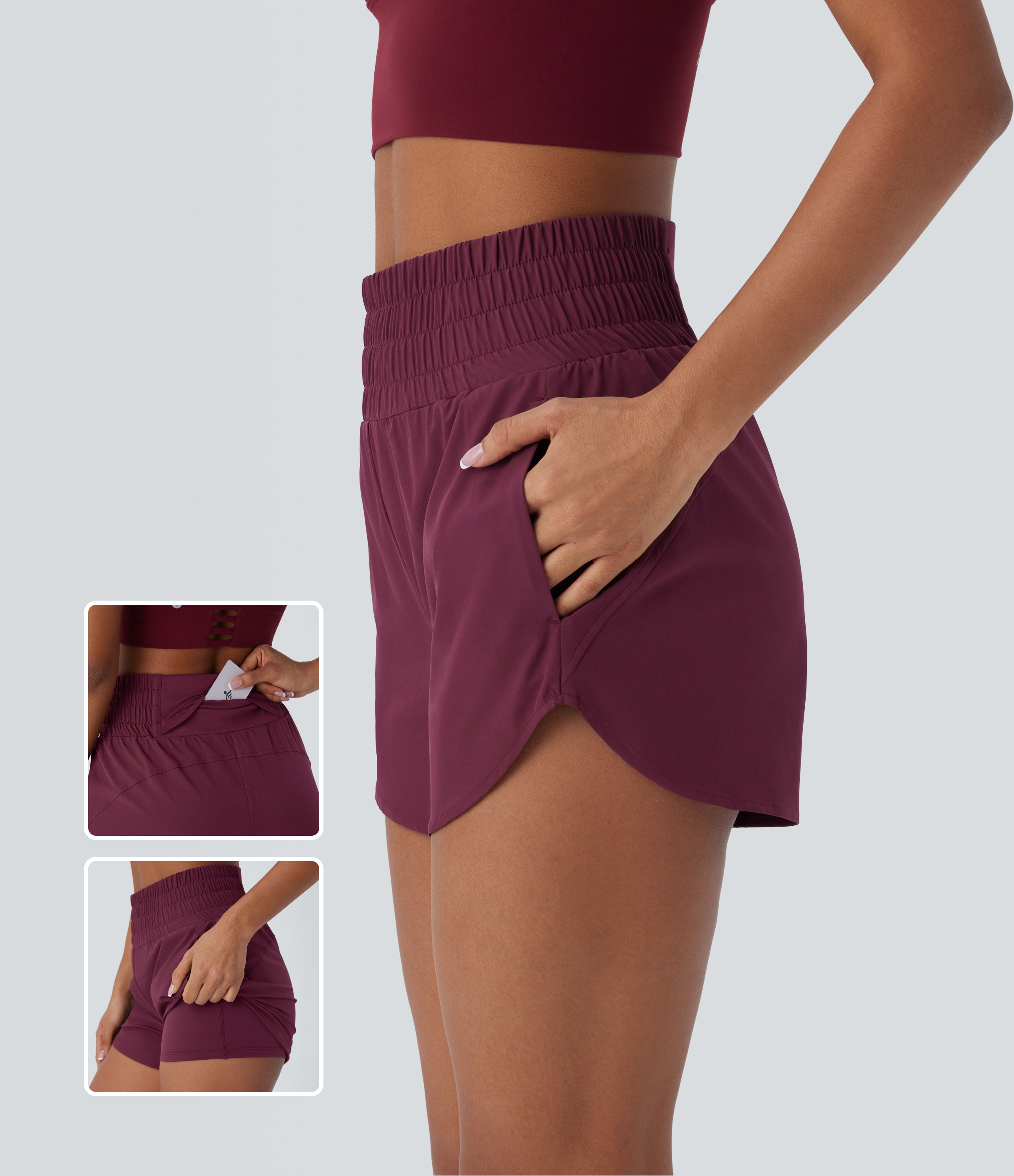 Halara Breezefulв„ў High Waisted Multiple Pockets 2-in-1 Curved Hem Quick Dry Running Shorts 3.5`` Gym Short - Amaranth - XL booty shorts 
