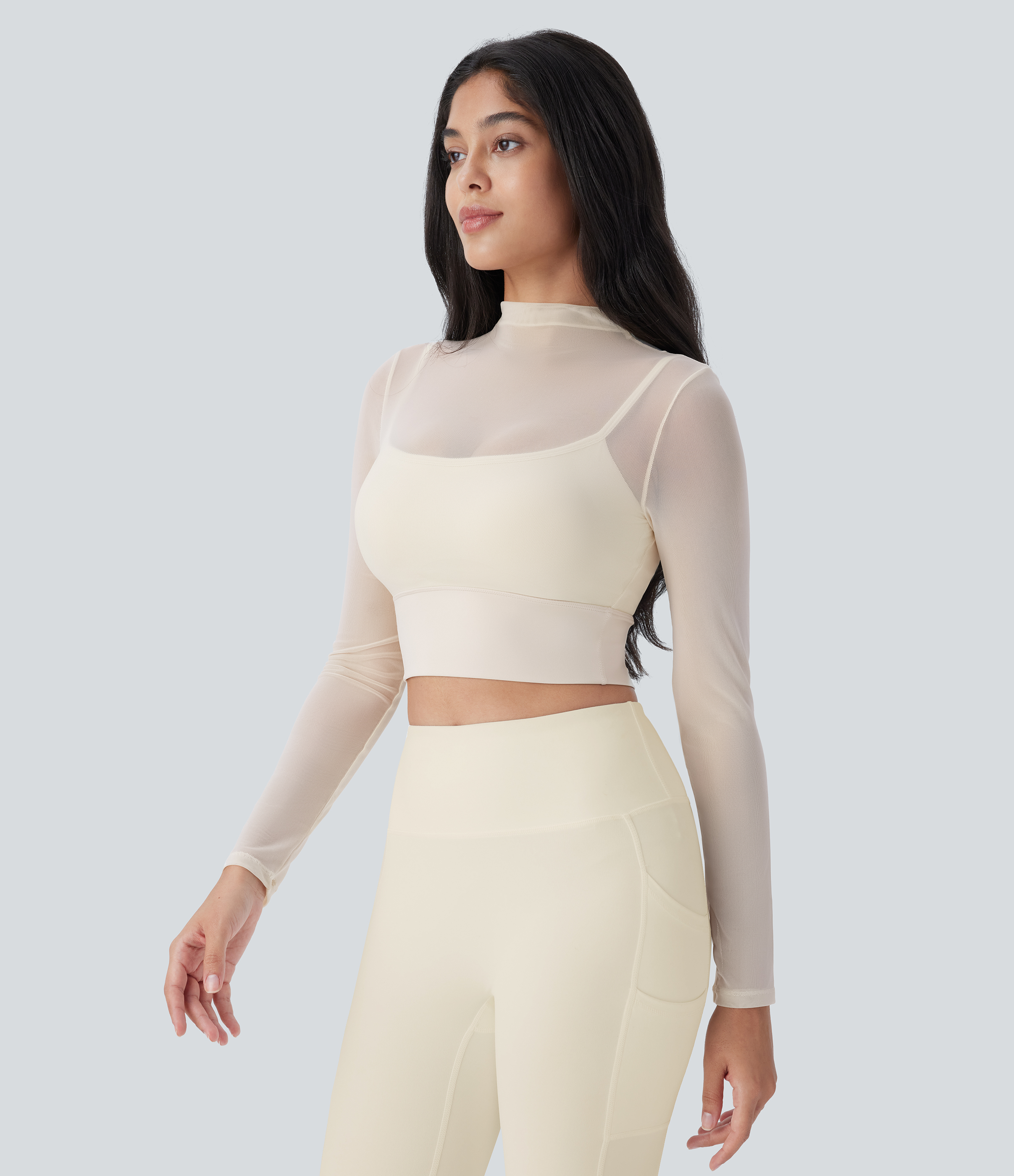 Halara Contrast Mesh Long Sleeve 2-in-1 Cropped Workout Sports Top  - Antique White - M 