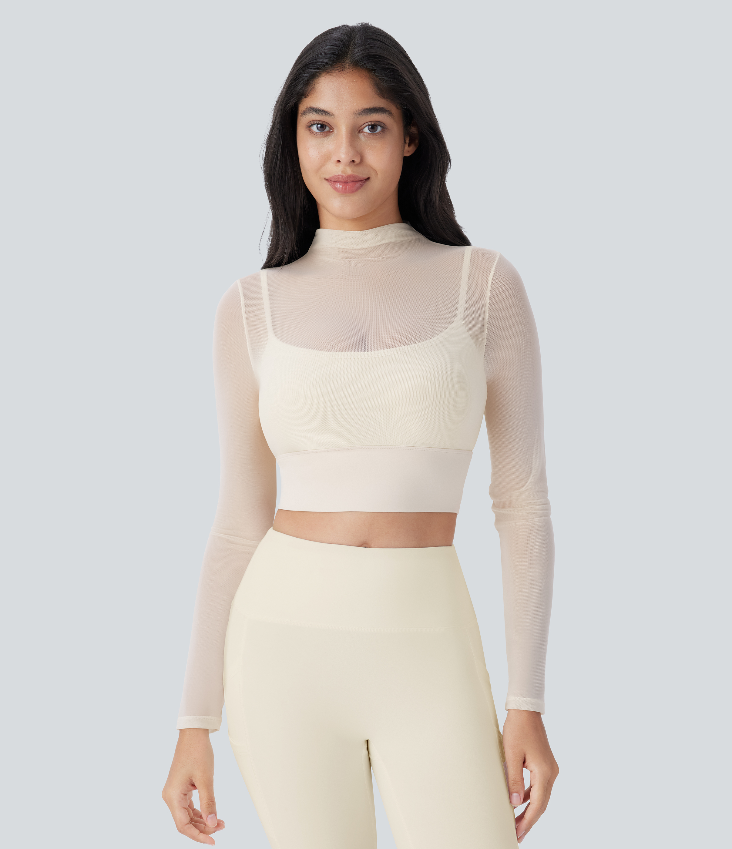 Halara Contrast Mesh Long Sleeve 2-in-1 Cropped Workout Sports Top  - Antique White - M 