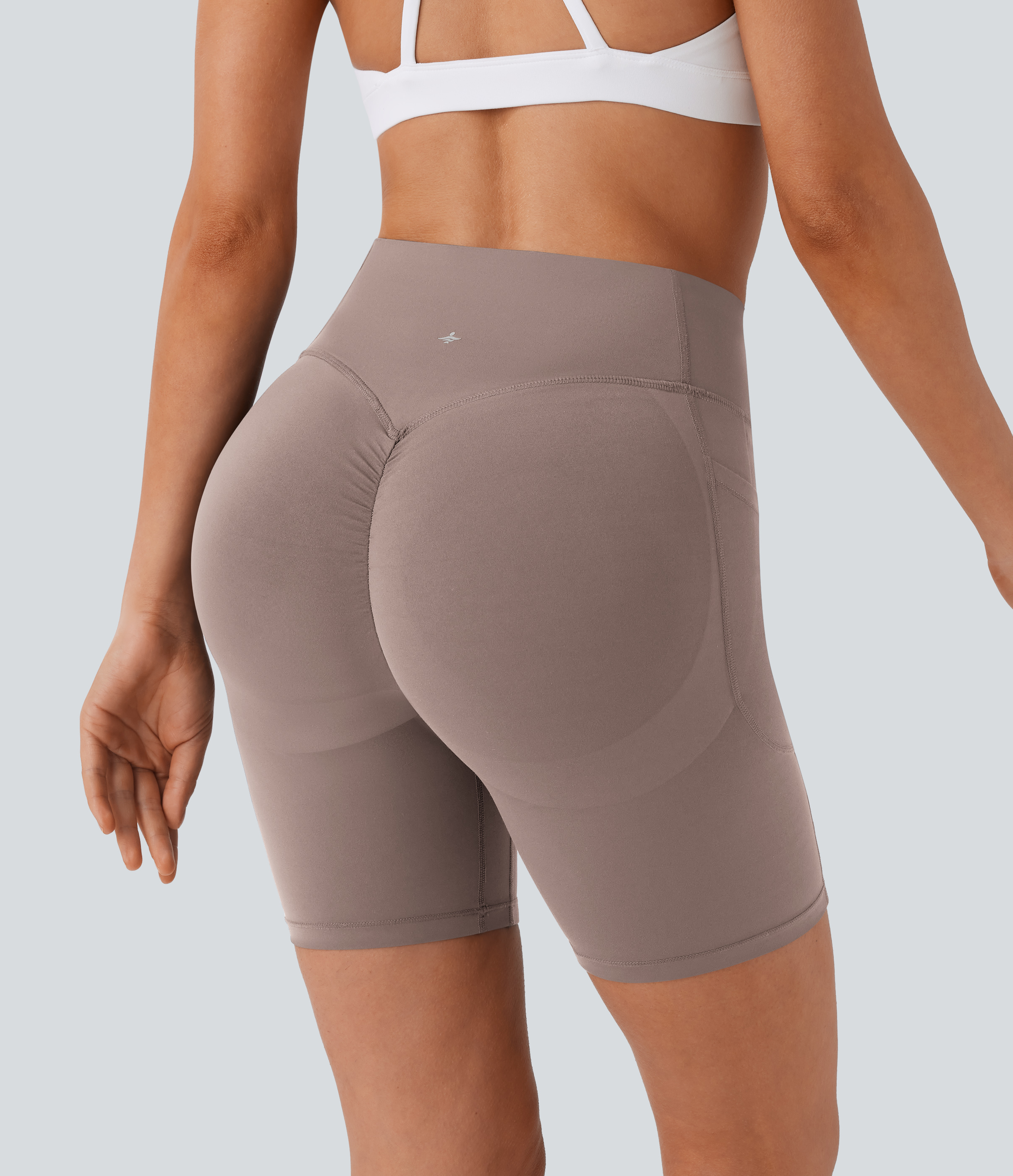 Halara SoCinched High Waisted Scrunch Butt Lifting Tummy Control Side Pocket Shaping Workout UltraSculpt Biker Shorts 7``  - Dawn Brown - S 