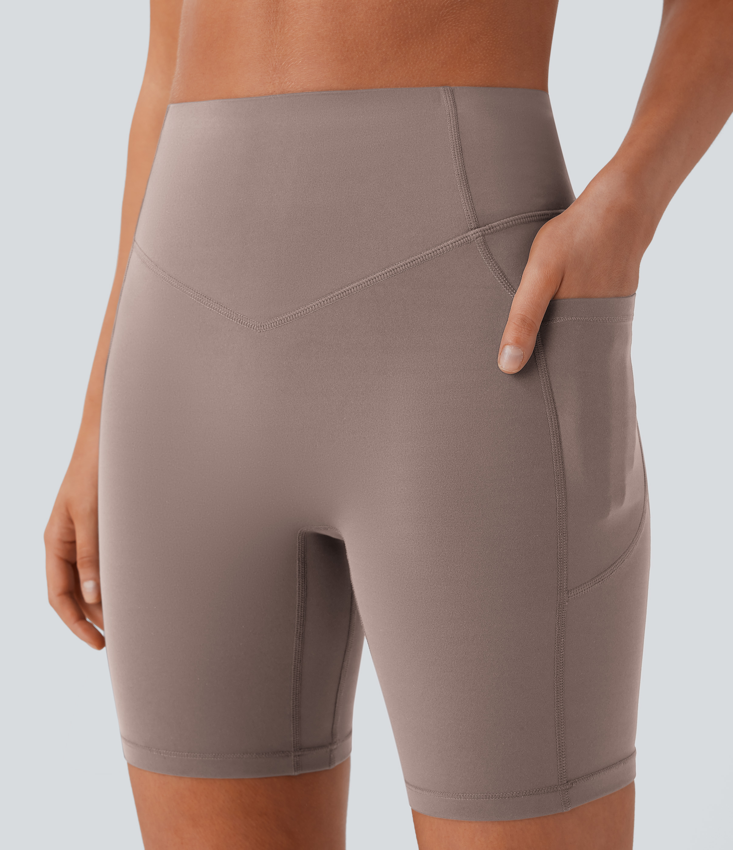 Halara SoCinched High Waisted Scrunch Butt Lifting Tummy Control Side Pocket Shaping Workout UltraSculpt Biker Shorts 7``  - Dawn Brown - S 