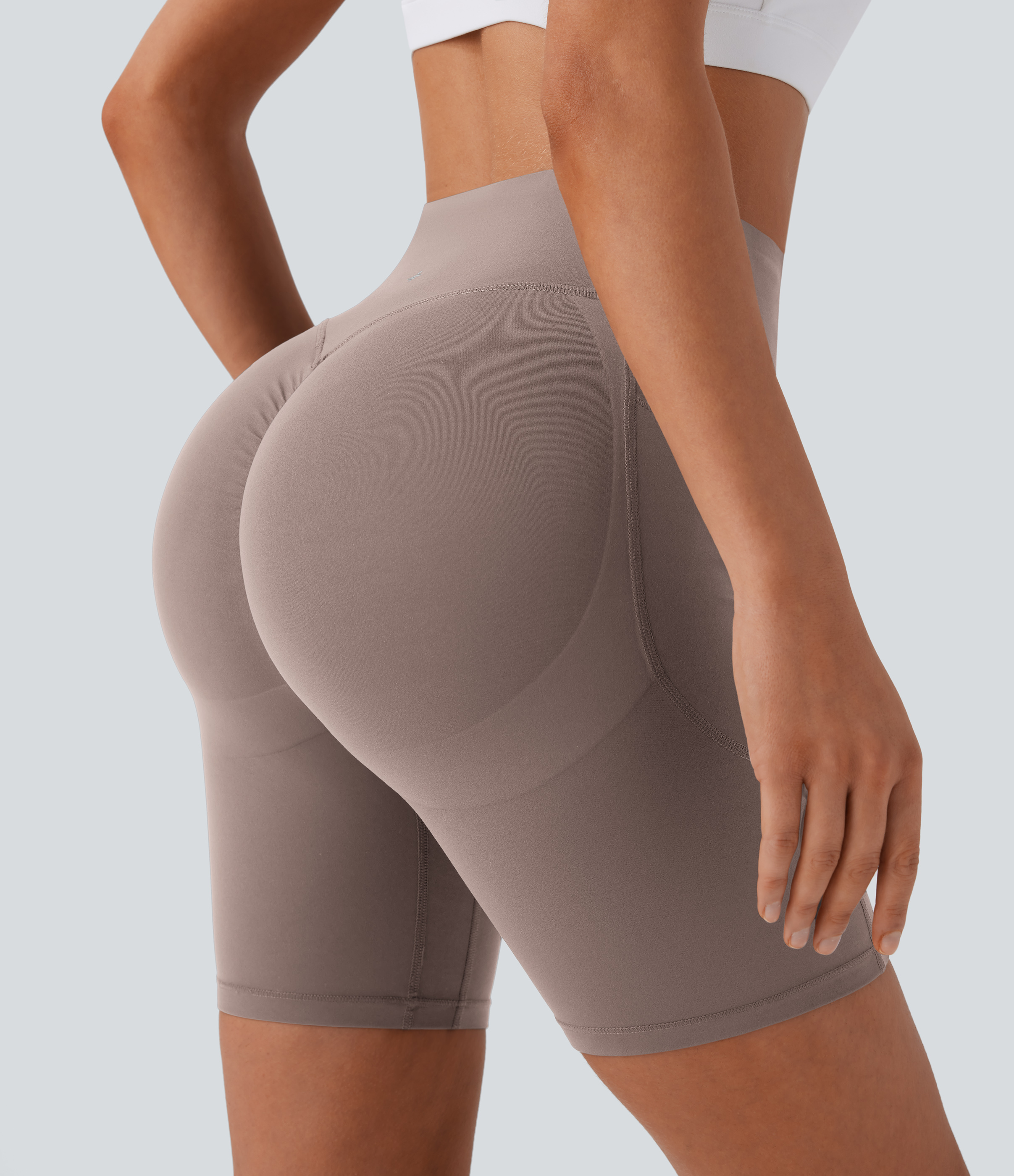 Halara SoCinched High Waisted Scrunch Butt Lifting Tummy Control Side Pocket Shaping Workout UltraSculpt Biker Shorts 7``  - Dawn Brown - S 