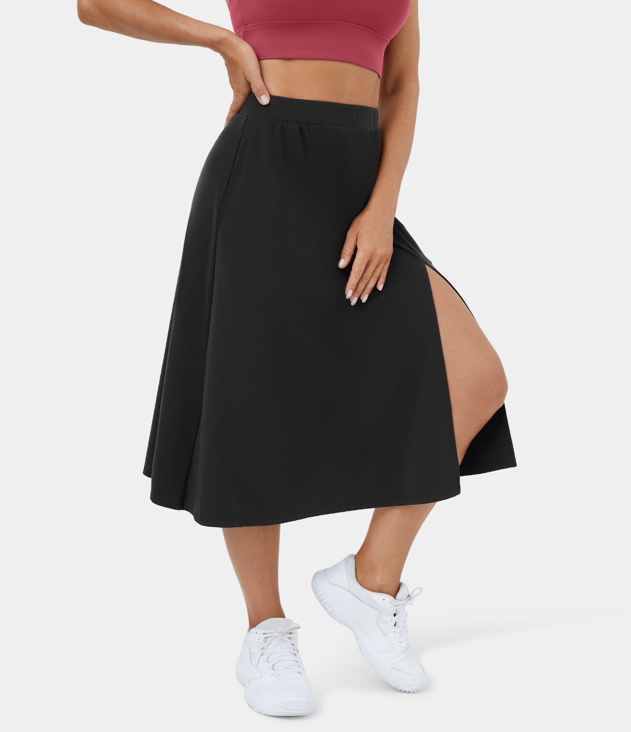 Halara High Waisted Side Pocket Split Midi Casual Skirt  - Black - XL 