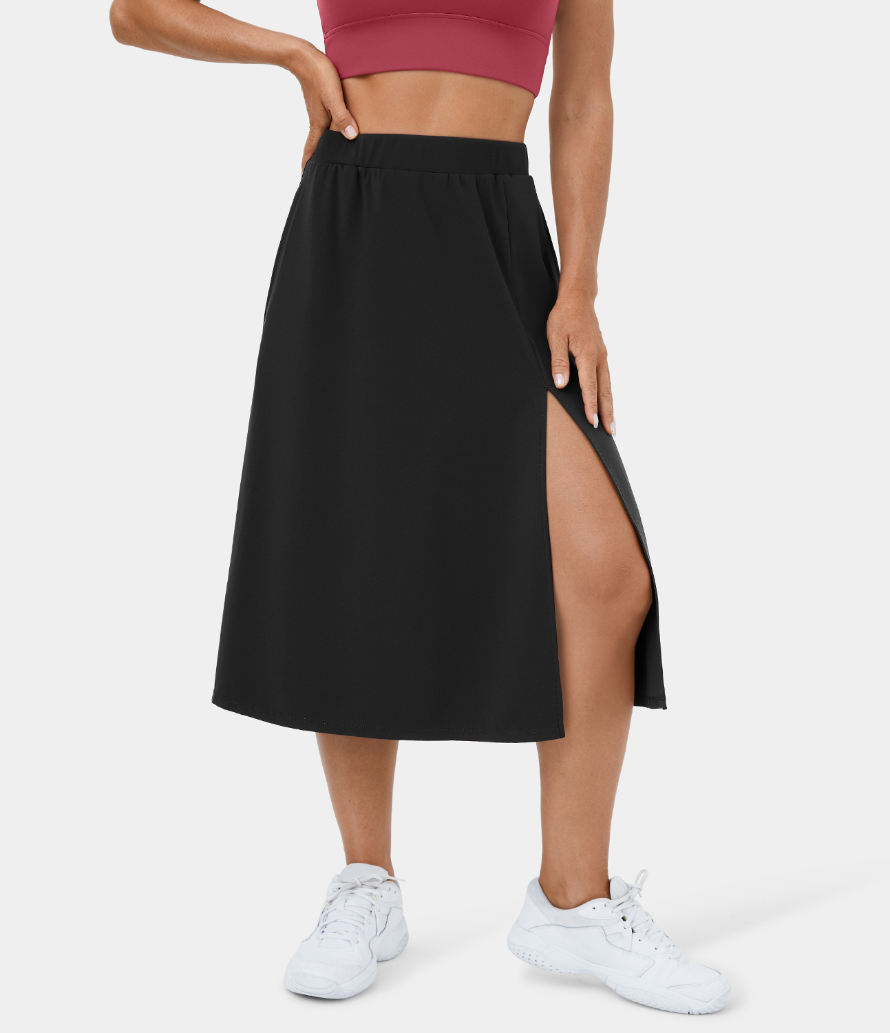 Halara High Waisted Side Pocket Split Midi Casual Skirt  - Black - XL 