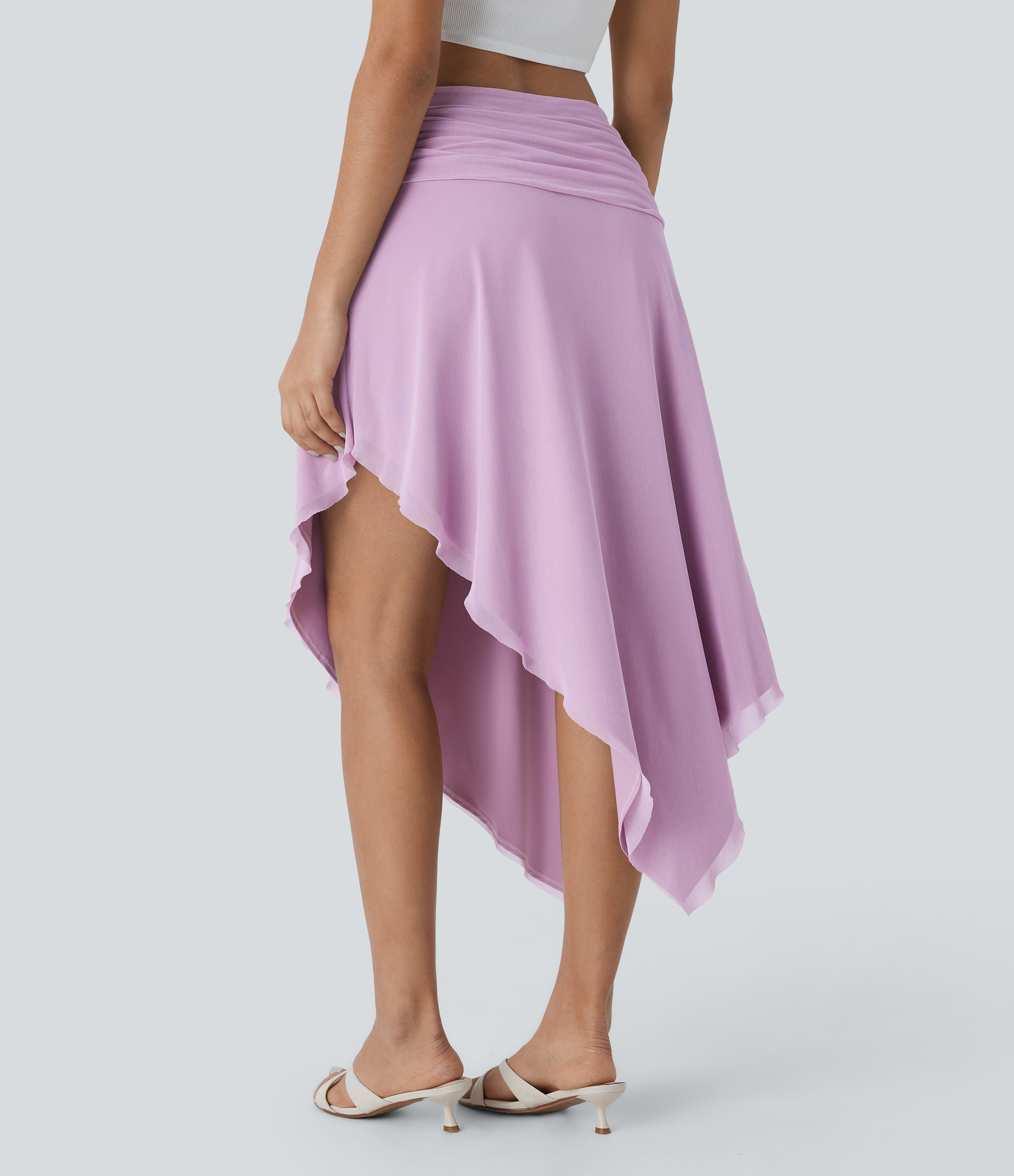 Halara Low Rise Ruched Asymmetric Hem Mesh Overlay Flowy Midi Resort Skirt  - Zephyr - XL(regular) 
