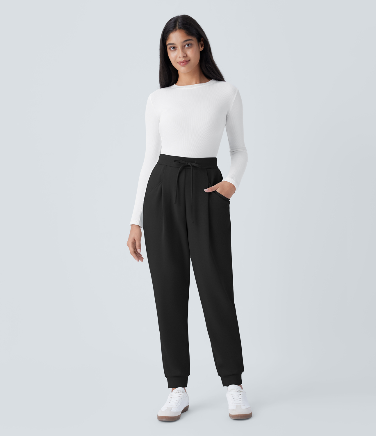 Halara High Waisted Drawstring Side Pocket Casual Joggers  - Black - L(regular) 