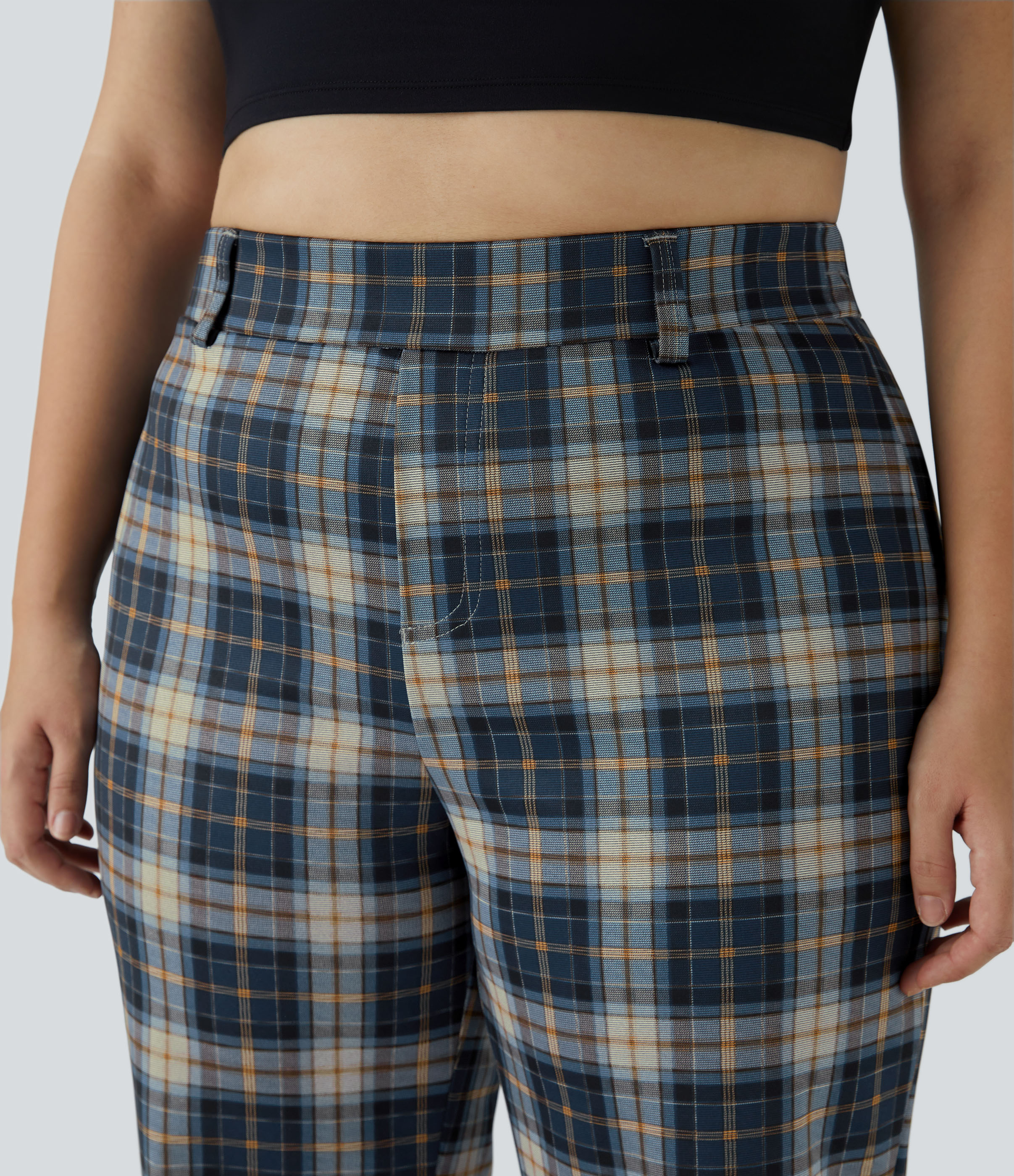 Halara High Waisted Plaid Plus Size Wide Leg Casual Pants  - Navy Blue Plaid - 3X 