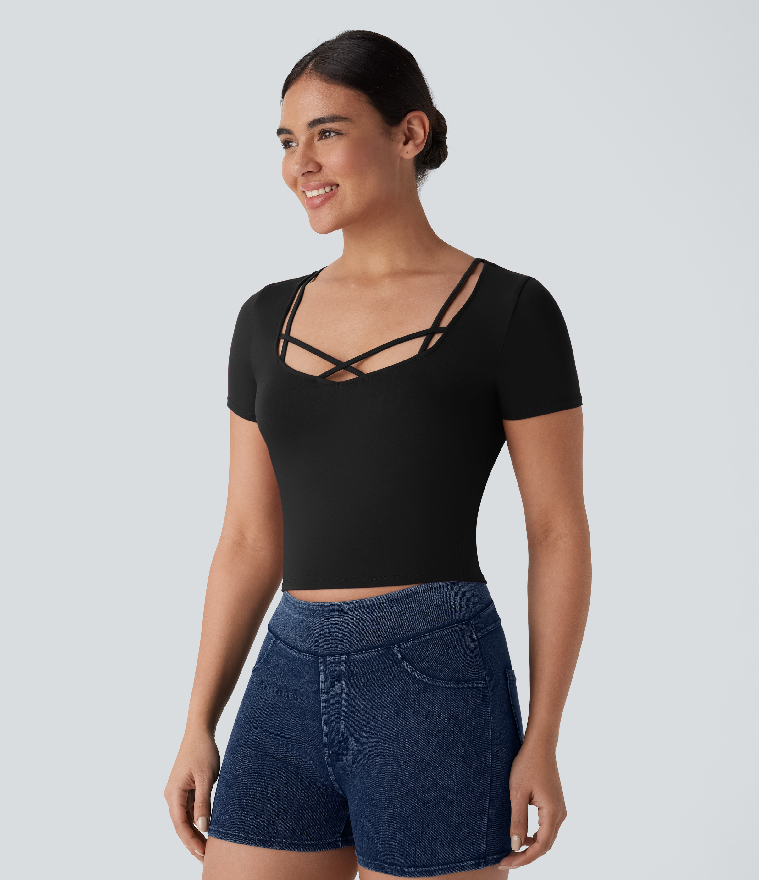Halara Crisscross Strap Short Sleeve Cropped Casual Top Tank Top - Black - S golf tops halter top tunic tops sleeveless tops backless top 