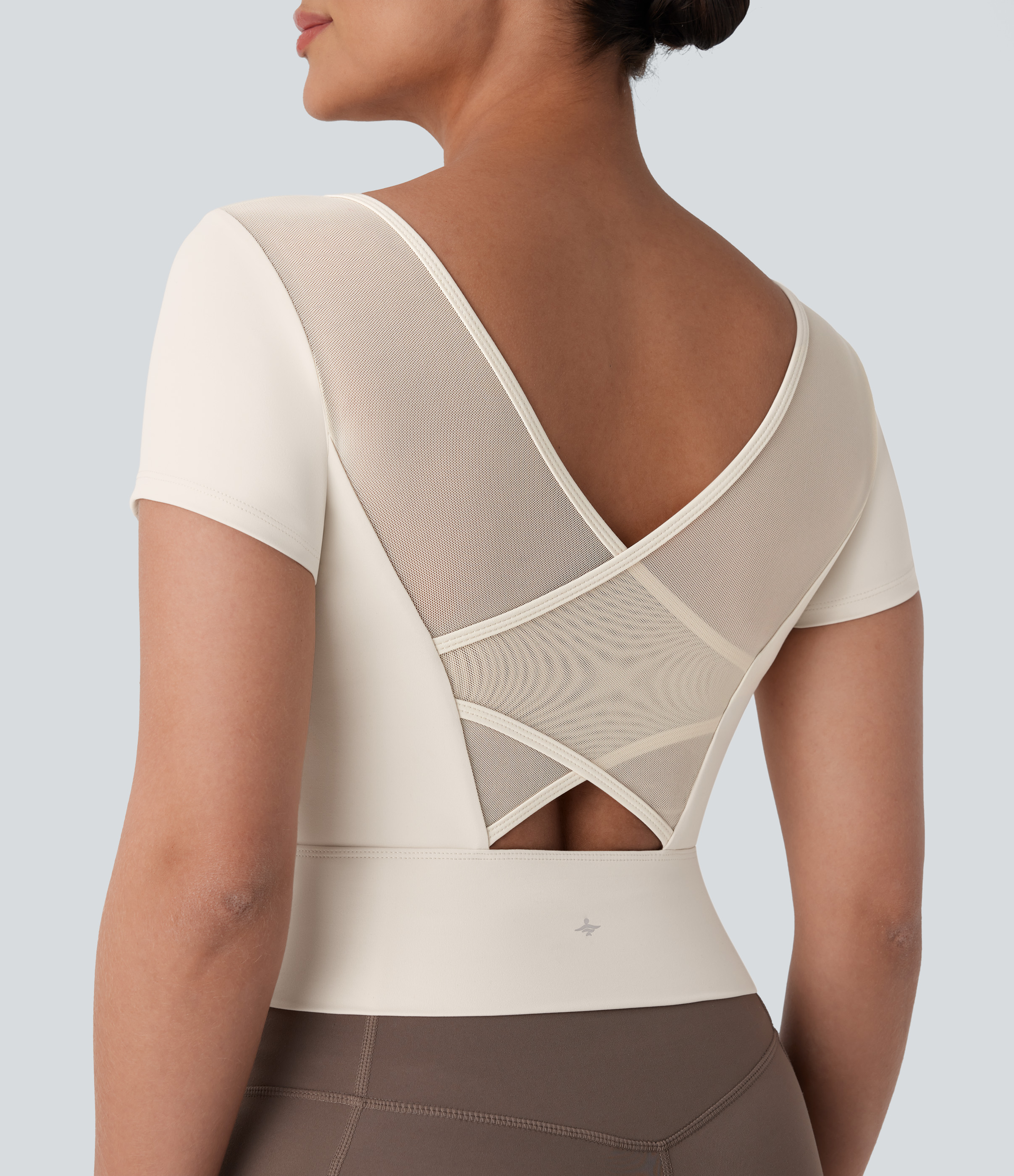 Halara Softlyzeroв„ў Plush U Neck Short Sleeve Backless Crossover Contrast Mesh Yoga Sports Top  - Solitary Star - S 