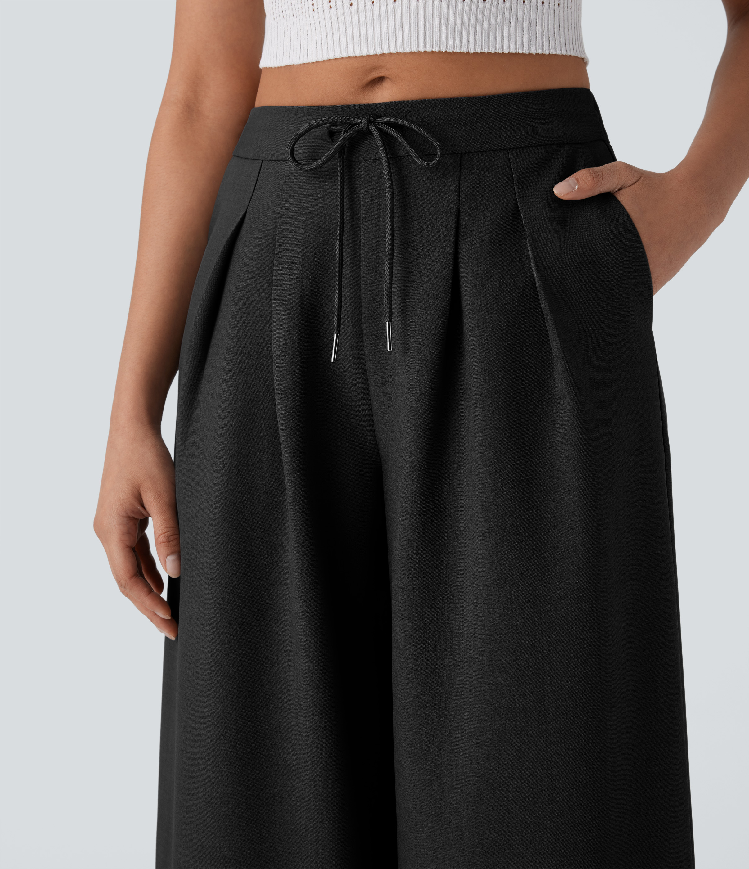 Halara Mid Rise Drawstring Side Pocket Wide Leg Work Pants  - Black - M(regular) sweatpants jogger pants stacked sweatpants cargo joggers 