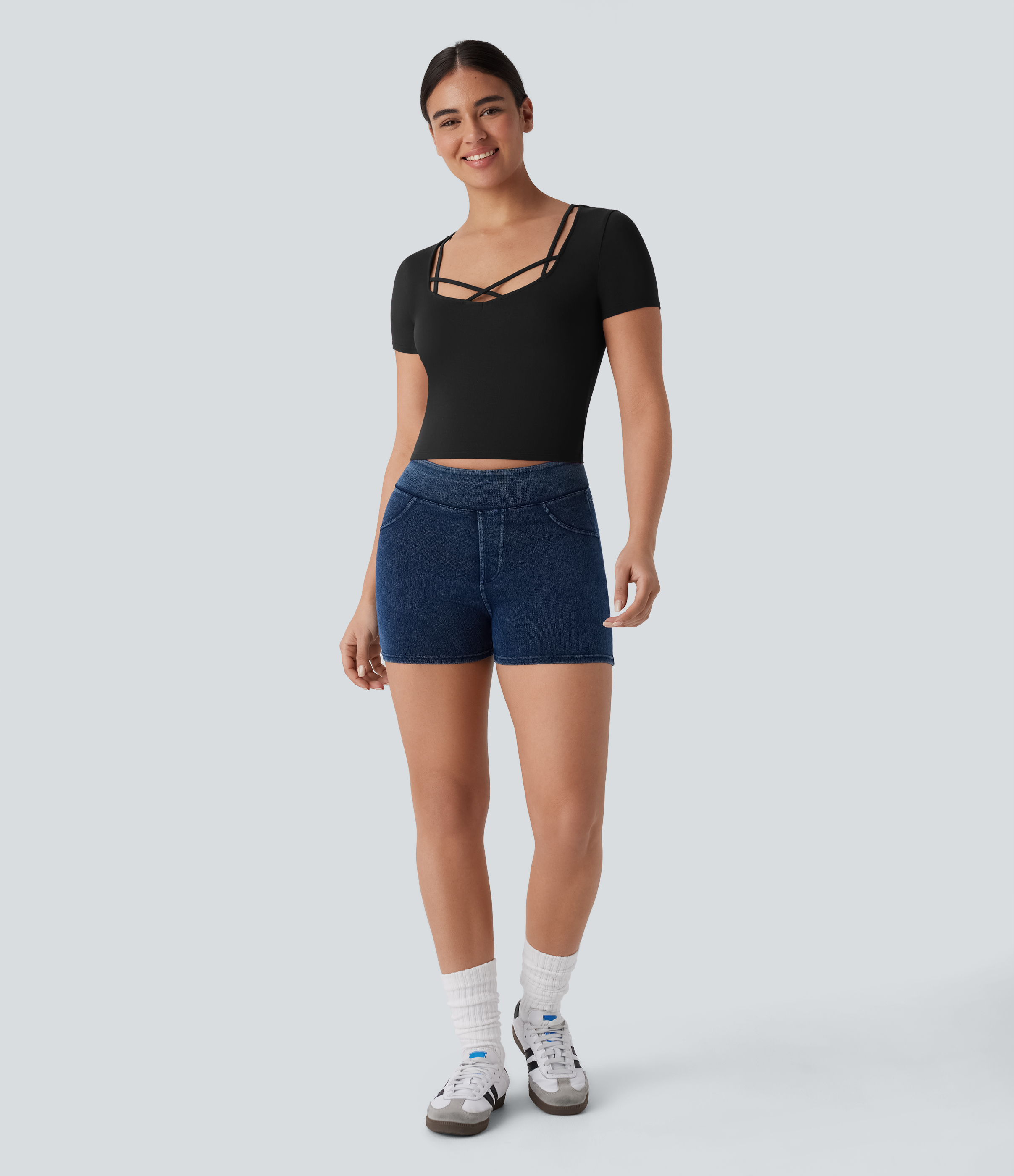 Halara Crisscross Strap Short Sleeve Cropped Casual Top Tank Top - Black - S golf tops halter top tunic tops sleeveless tops backless top 