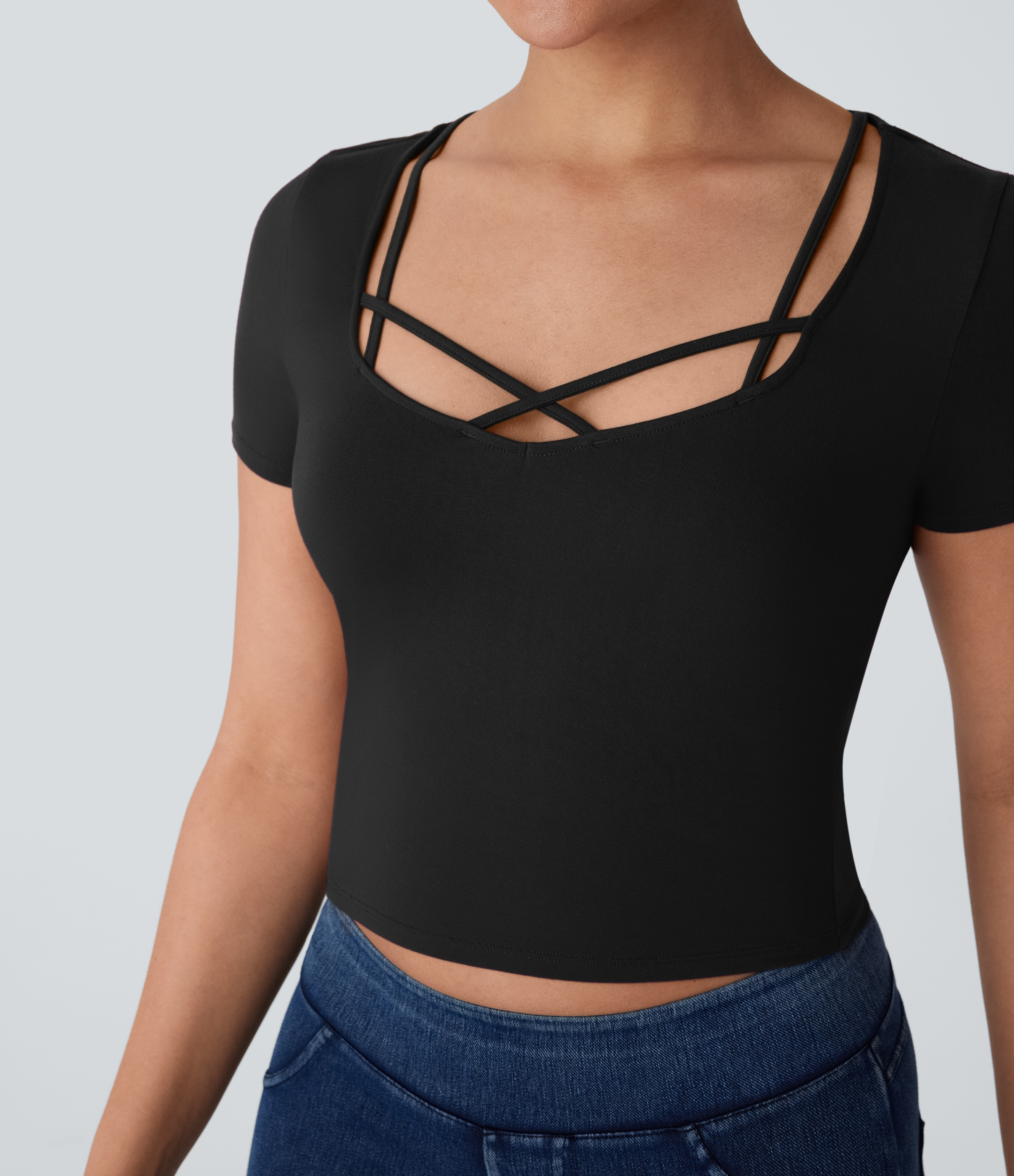 Halara Crisscross Strap Short Sleeve Cropped Casual Top Tank Top - Black - S golf tops halter top tunic tops sleeveless tops backless top 