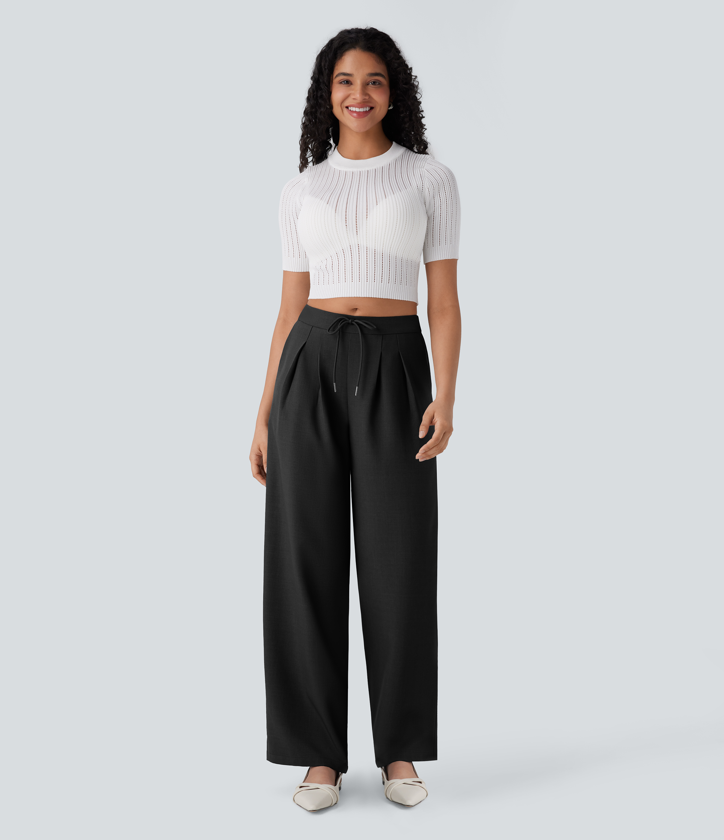 Halara Mid Rise Drawstring Side Pocket Wide Leg Work Pants  - Black - M(regular) sweatpants jogger pants stacked sweatpants cargo joggers 
