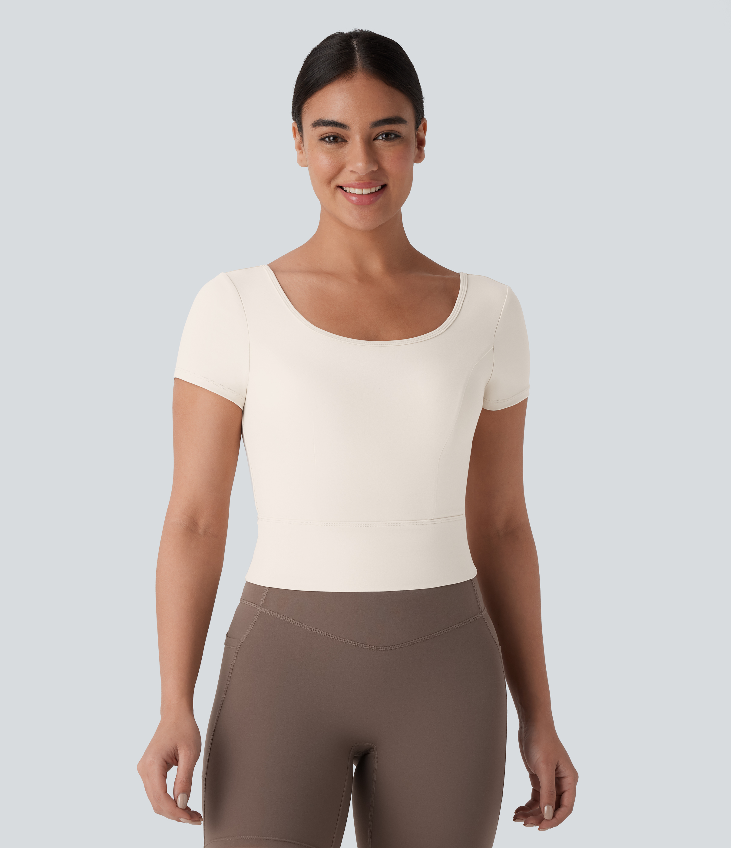 Halara Softlyzeroв„ў Plush U Neck Short Sleeve Backless Crossover Contrast Mesh Yoga Sports Top  - Solitary Star - S 