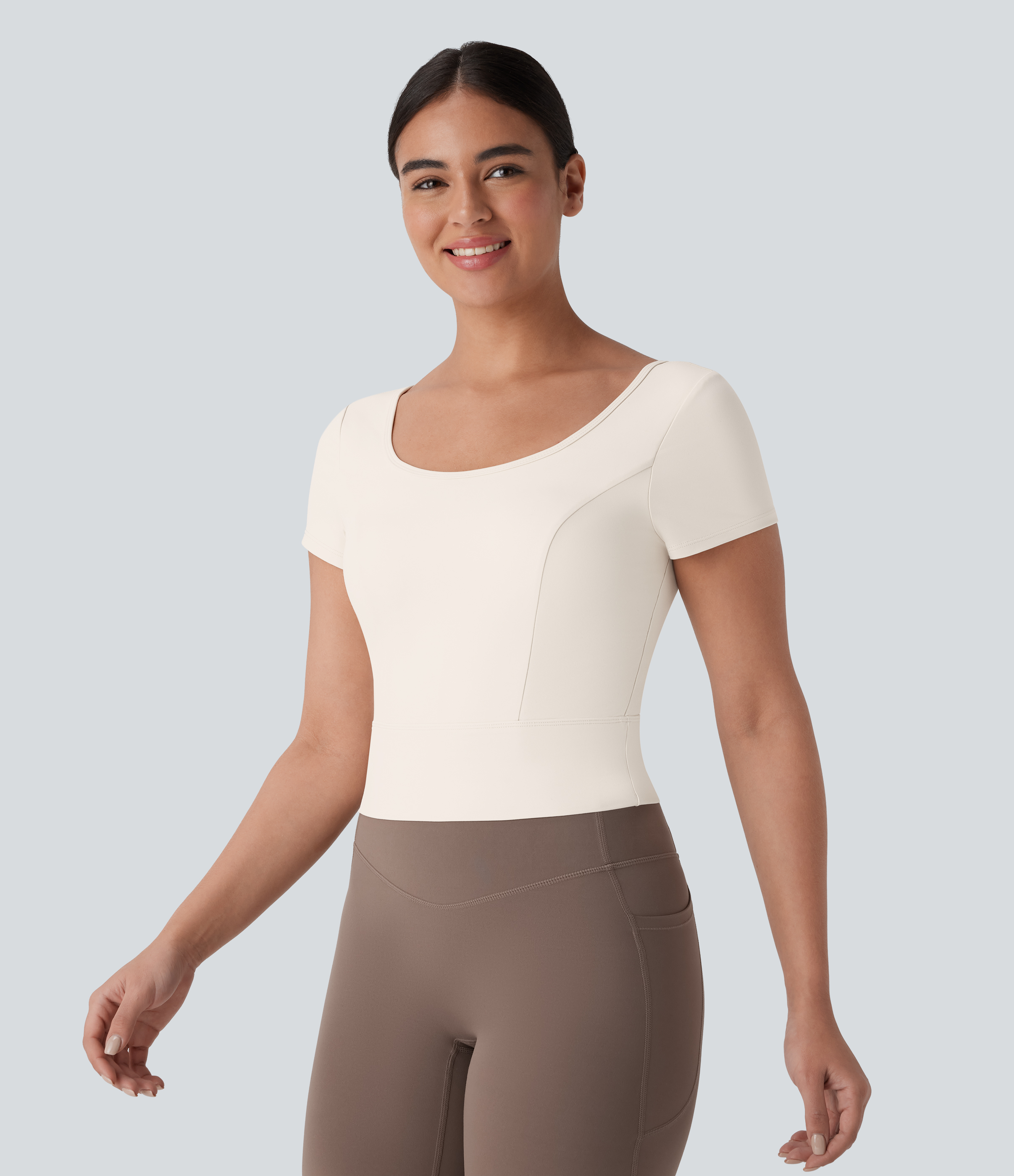 Halara Softlyzeroв„ў Plush U Neck Short Sleeve Backless Crossover Contrast Mesh Yoga Sports Top  - Solitary Star - S 