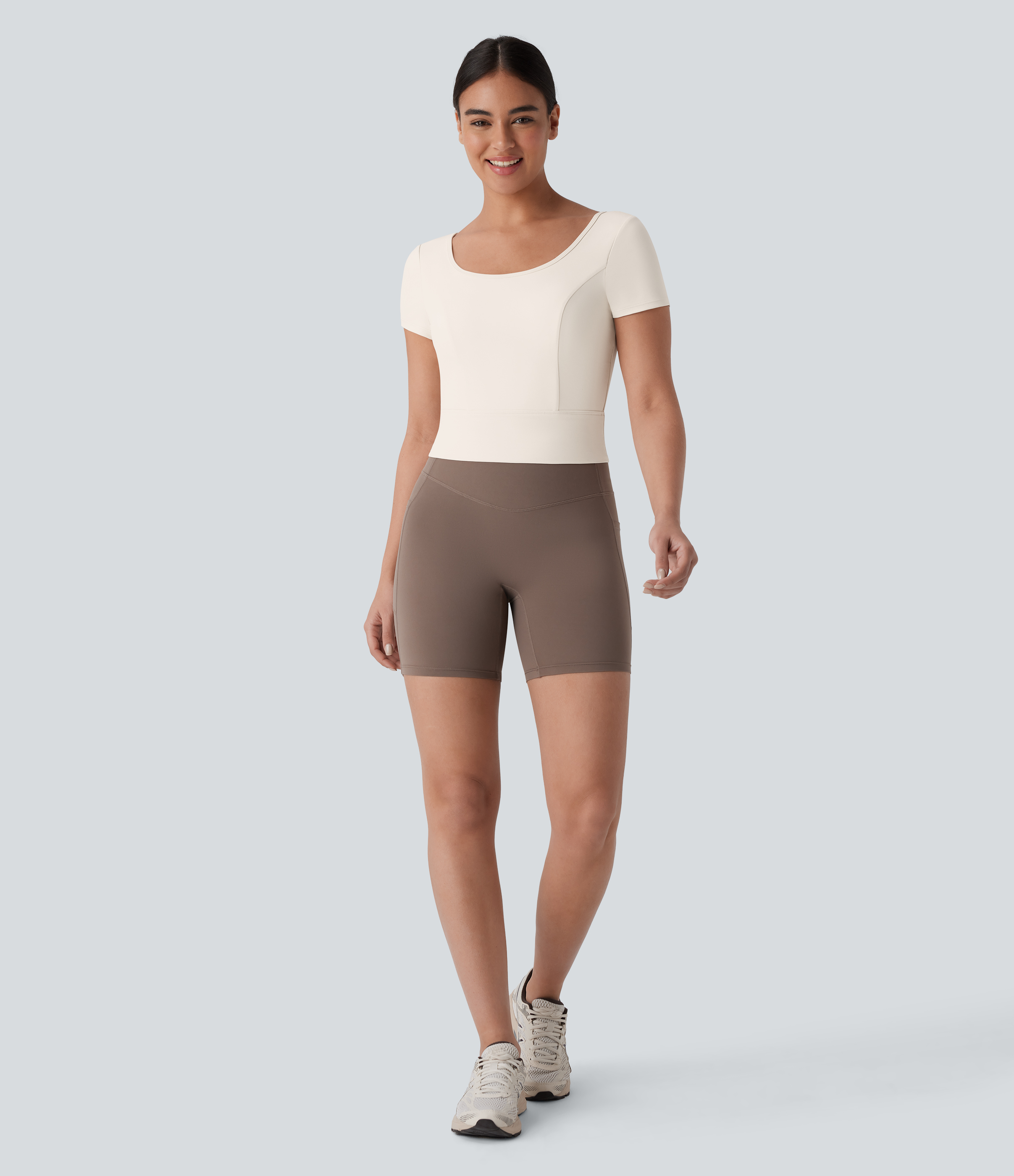 Halara Softlyzeroв„ў Plush U Neck Short Sleeve Backless Crossover Contrast Mesh Yoga Sports Top  - Solitary Star - S 