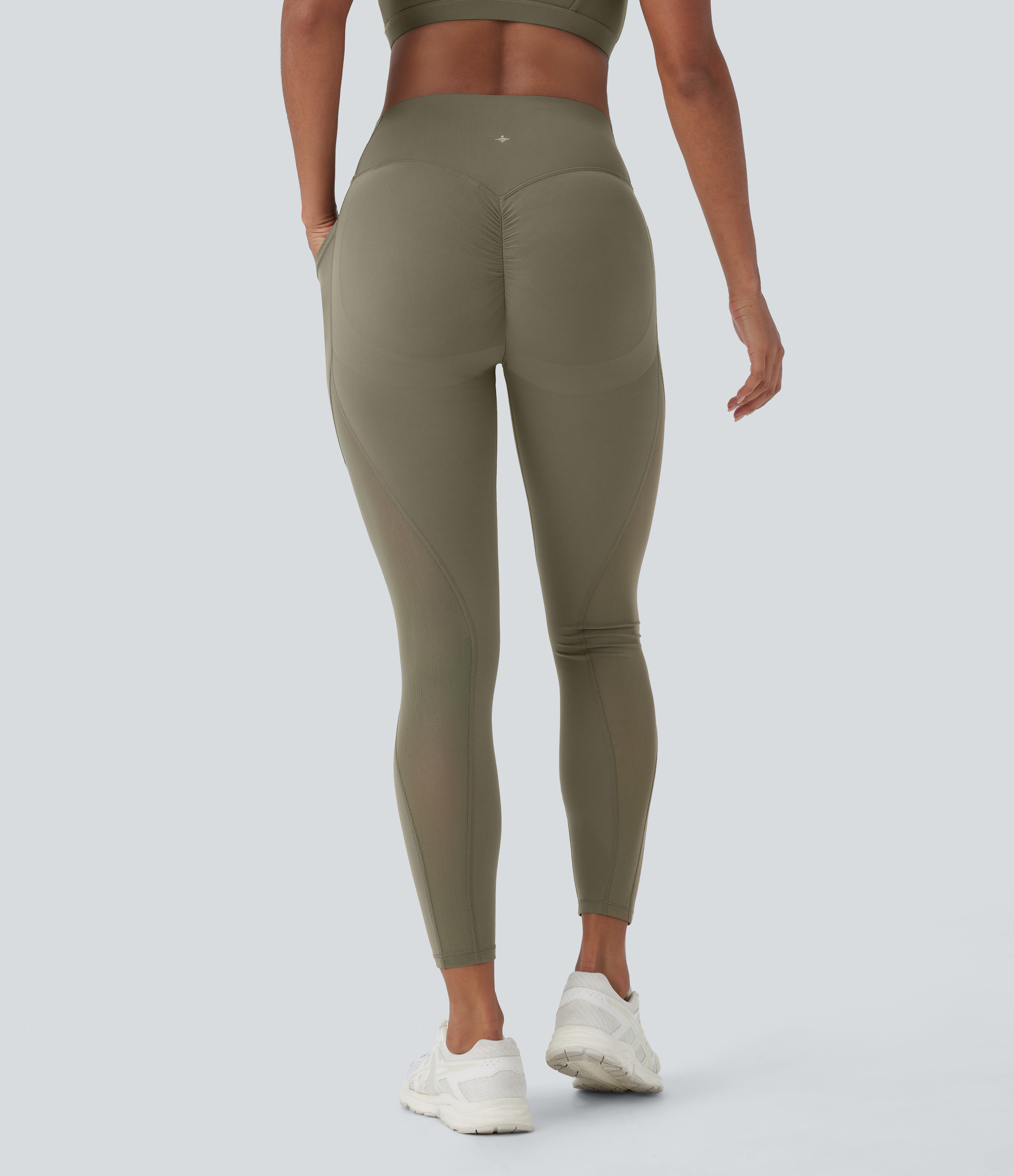 Halara Halara UltraSculptв„ў SoCinched Super High Waisted Butt Lifting Tummy Control Side Pocket Contrast Mesh Shaping Workout Leggings  - Grass Grey Green - M(7/8) 