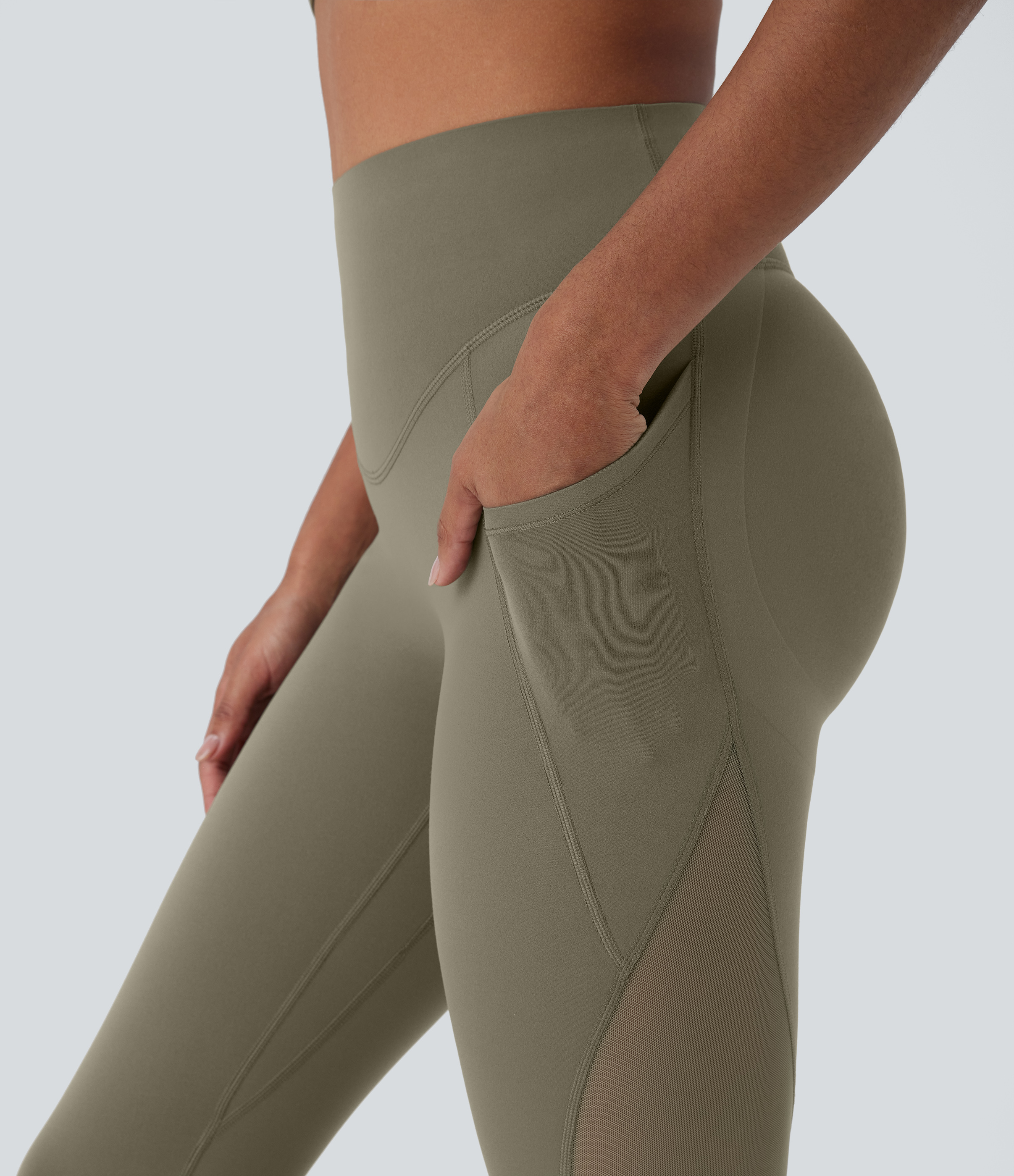 Halara Halara UltraSculptв„ў SoCinched Super High Waisted Butt Lifting Tummy Control Side Pocket Contrast Mesh Shaping Workout Leggings  - Grass Grey Green - M(7/8) 