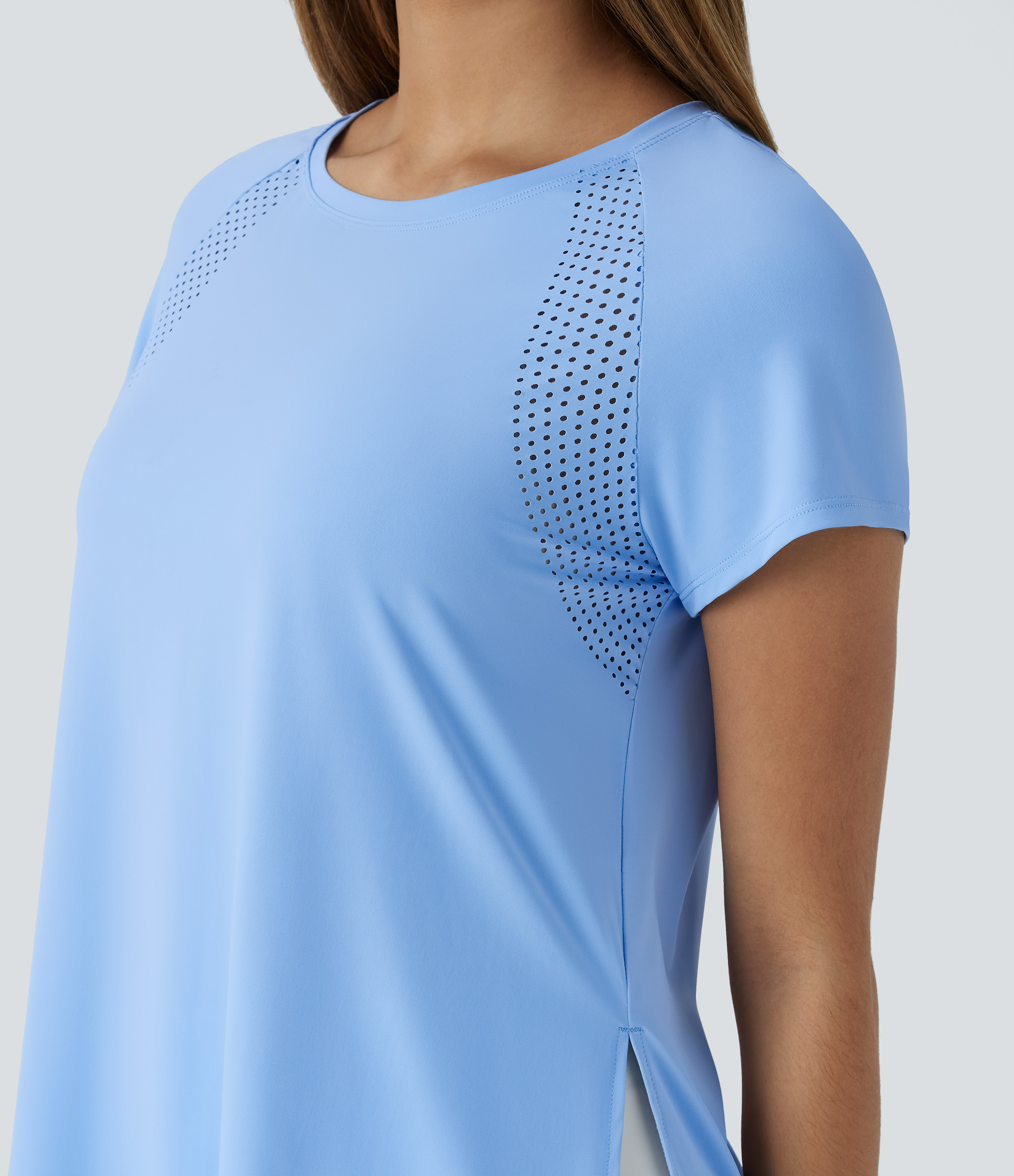 Halara Boat Neck Short Sleeve Cut Out Split Cool Touch Workout Sports Top  - Sky Blue - M 