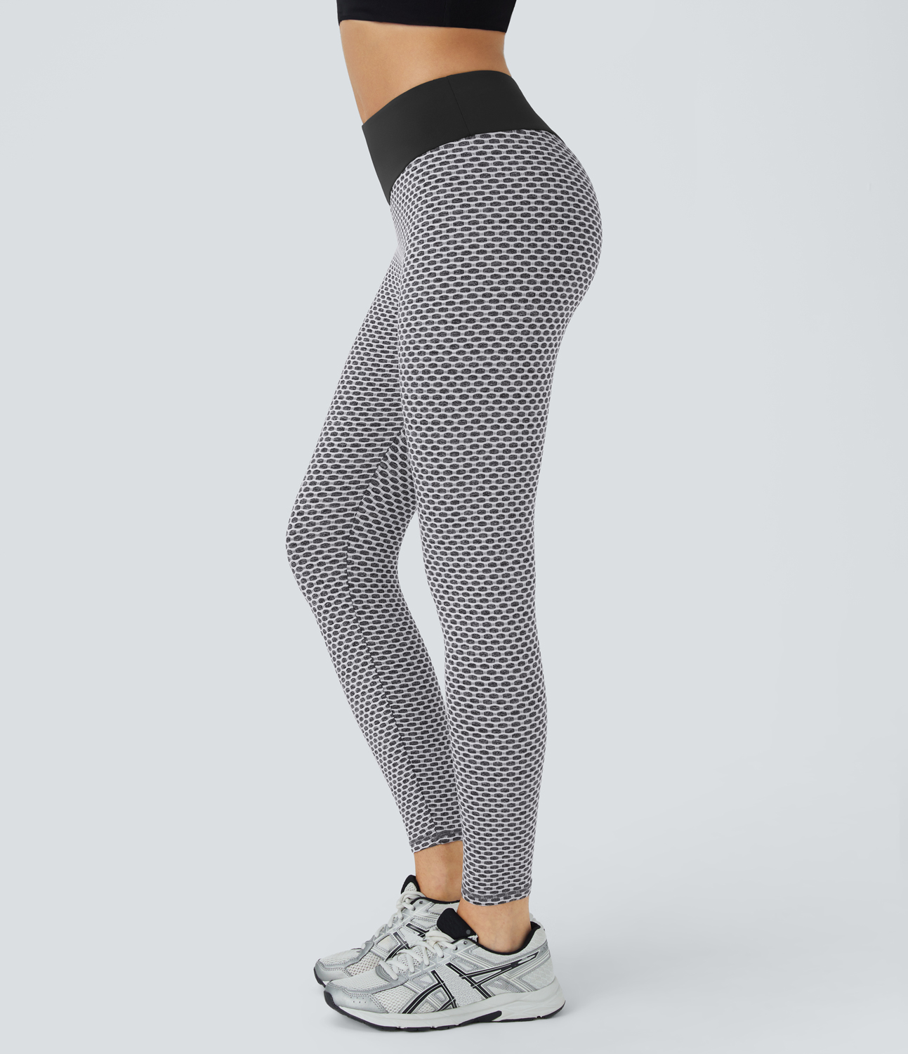 Halara High Waisted Ruched Honeycomb Yoga Leggings  - White Mesh Pattern - M gym leggings leggings with pockets leggings with butt lift 
