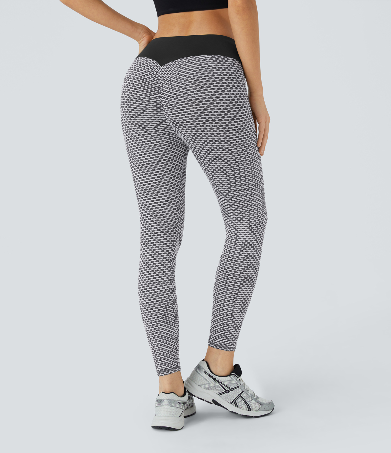 Halara High Waisted Ruched Honeycomb Yoga Leggings  - White Mesh Pattern - M gym leggings leggings with pockets leggings with butt lift 