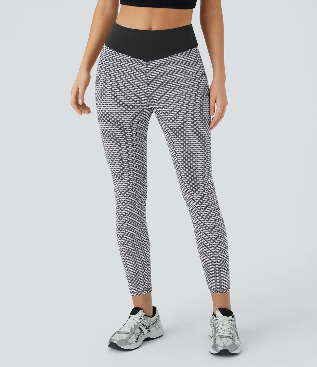 Halara High Waisted Ruched Honeycomb Yoga Leggings  - White Mesh Pattern - M gym leggings leggings with pockets leggings with butt lift 