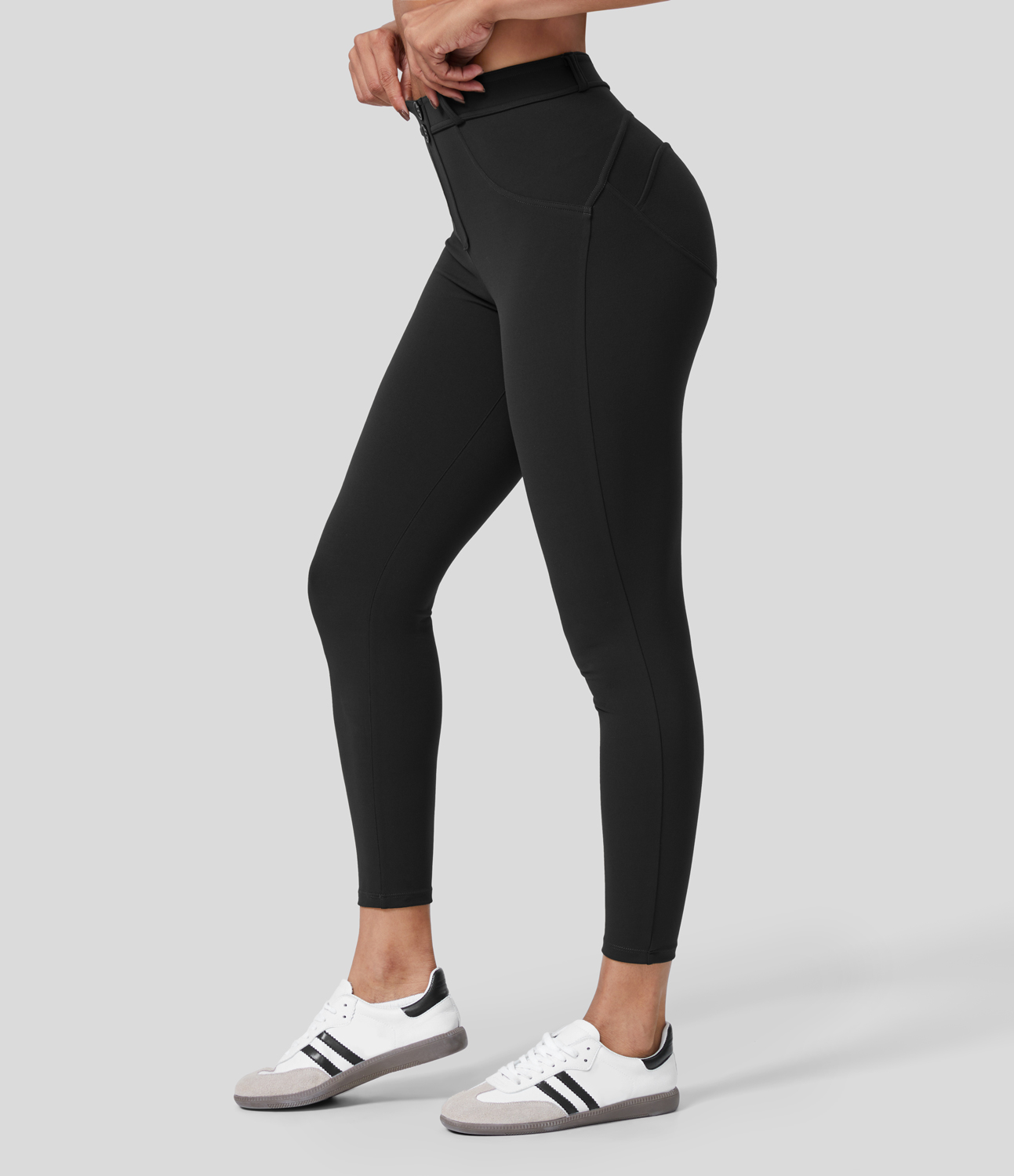 

Halara Softlyzeroв„ў Eco High Waisted Button Ruched Yoga 7/8 Leggings - Black -  gym leggings leggings with pockets